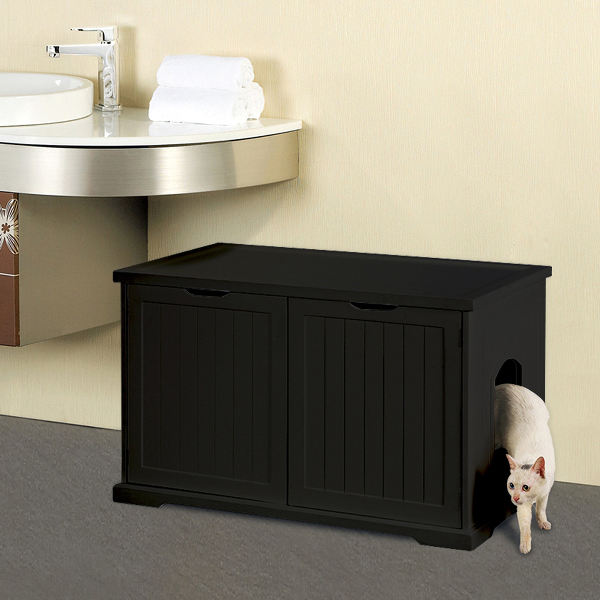 Merry Products Pet Cat Washroom Bench with Removable Partition Wall, Walnut + Merry Products Decorative Bench with Enclosed Cat Litter Washroom Box, Black