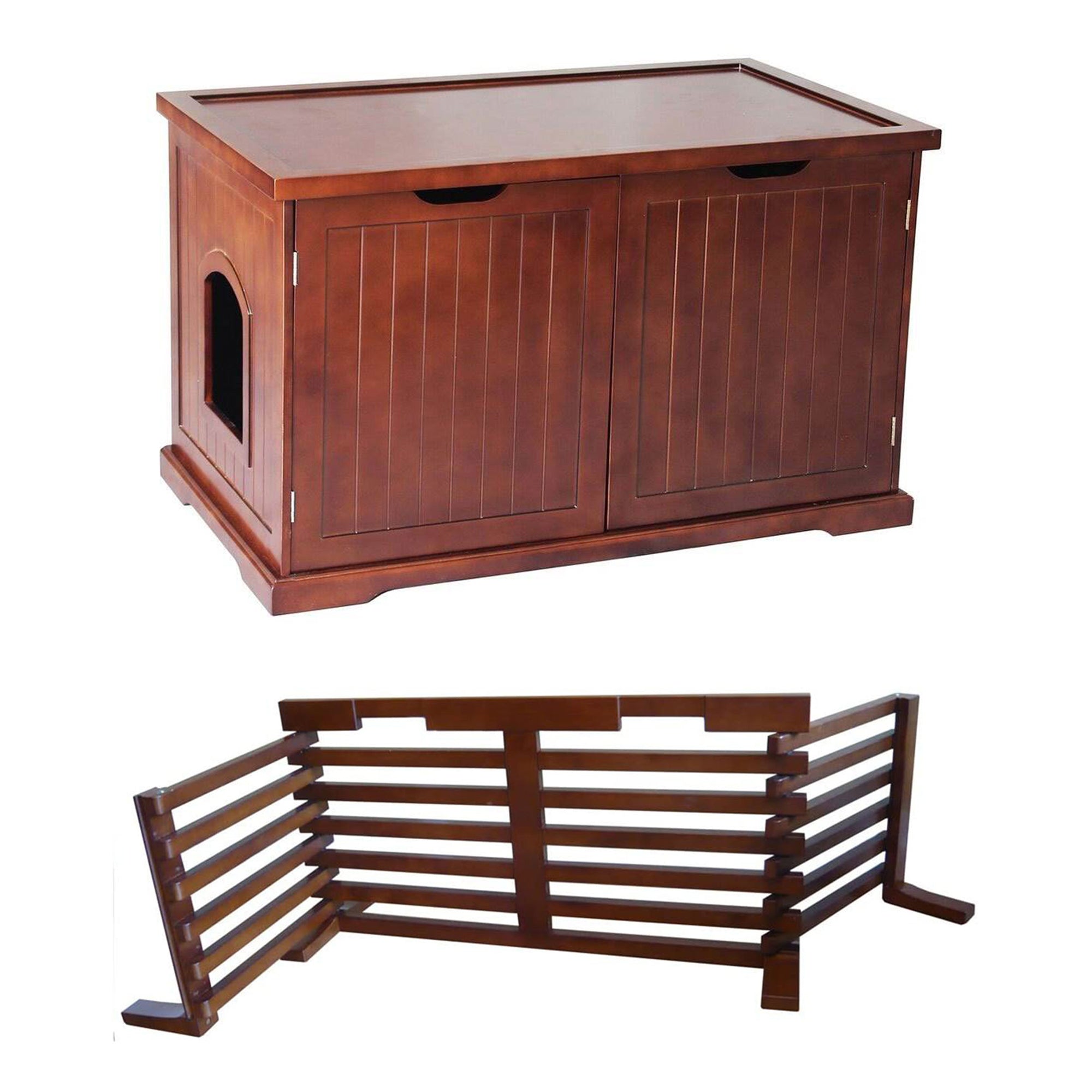 Merry Products Pet Cat Washroom Bench with Removable Partition Wall, Walnut + Merry Products Wooden 6 Foot Dog Gate-N-Crate for Small to Medium Pets, Walnut