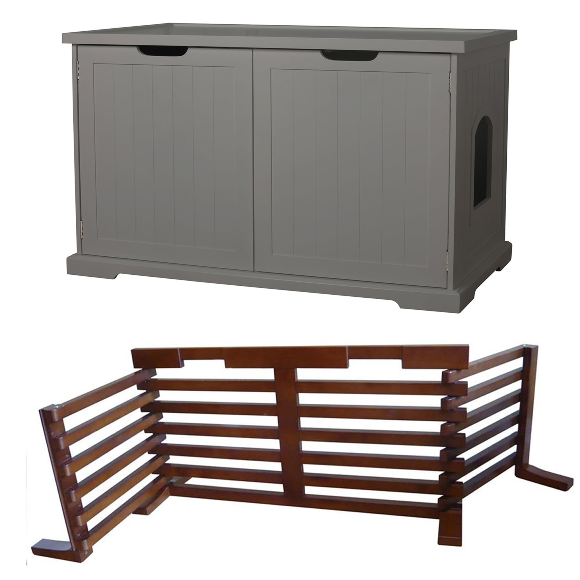 Merry PTH1031722510 Pet Cat Washroom Bench with Removable Partition Wall, Gray + Merry Products Wooden 6 Foot Dog Gate-N-Crate for Small to Medium Pets, Walnut