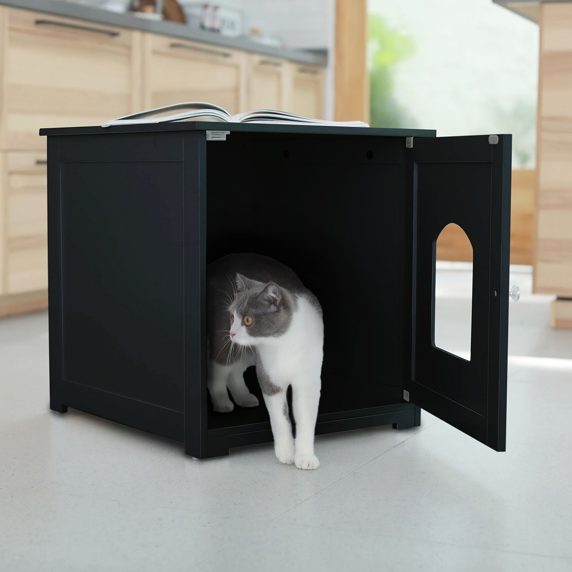 Merry PTH1031722510 Pet Cat Washroom Bench with Removable Partition Wall, Gray + zoovilla Kitty Litter Loo Indoor Hidden Litter Box Furniture Enclosure, Black