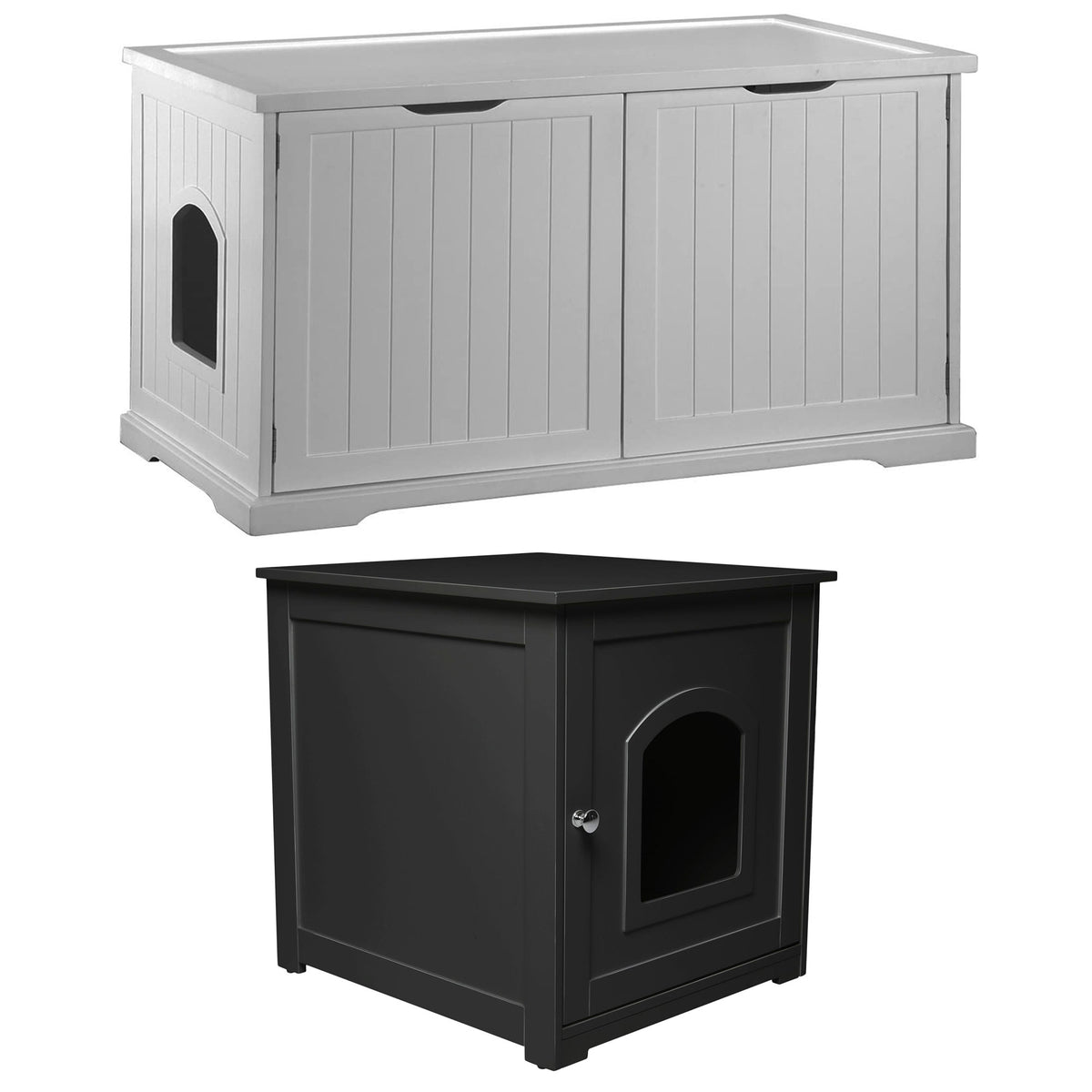 Merry Products Pet Cat Washroom Bench Box with Removable Partition Wall, White + zoovilla Kitty Litter Loo Indoor Hidden Litter Box Furniture Enclosure, Black