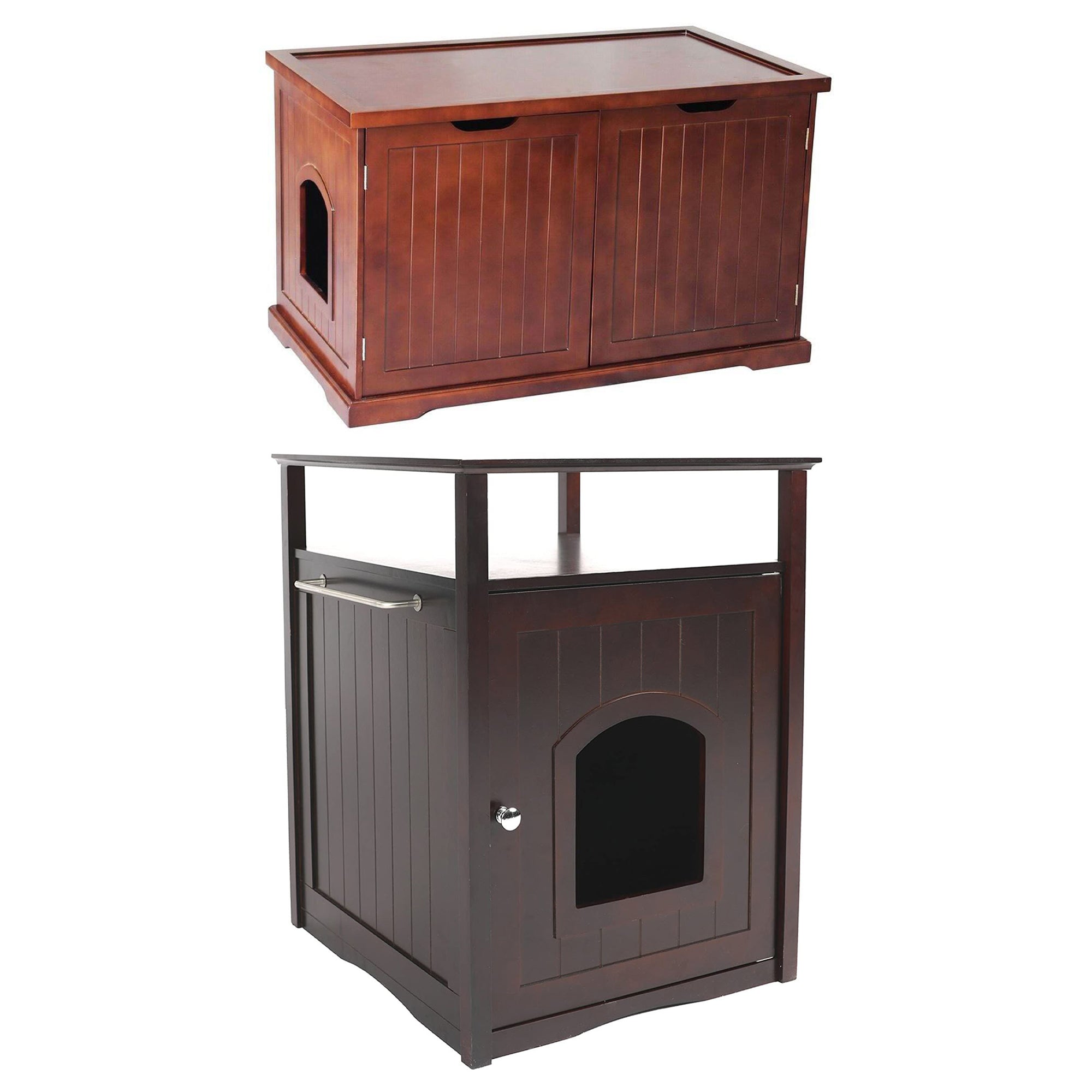 Merry Products Pet Cat Washroom Bench with Removable Partition Wall, Walnut + Merry Products Decorative Cat Enclosed Litter Box Washroom Night Stand, Espresso