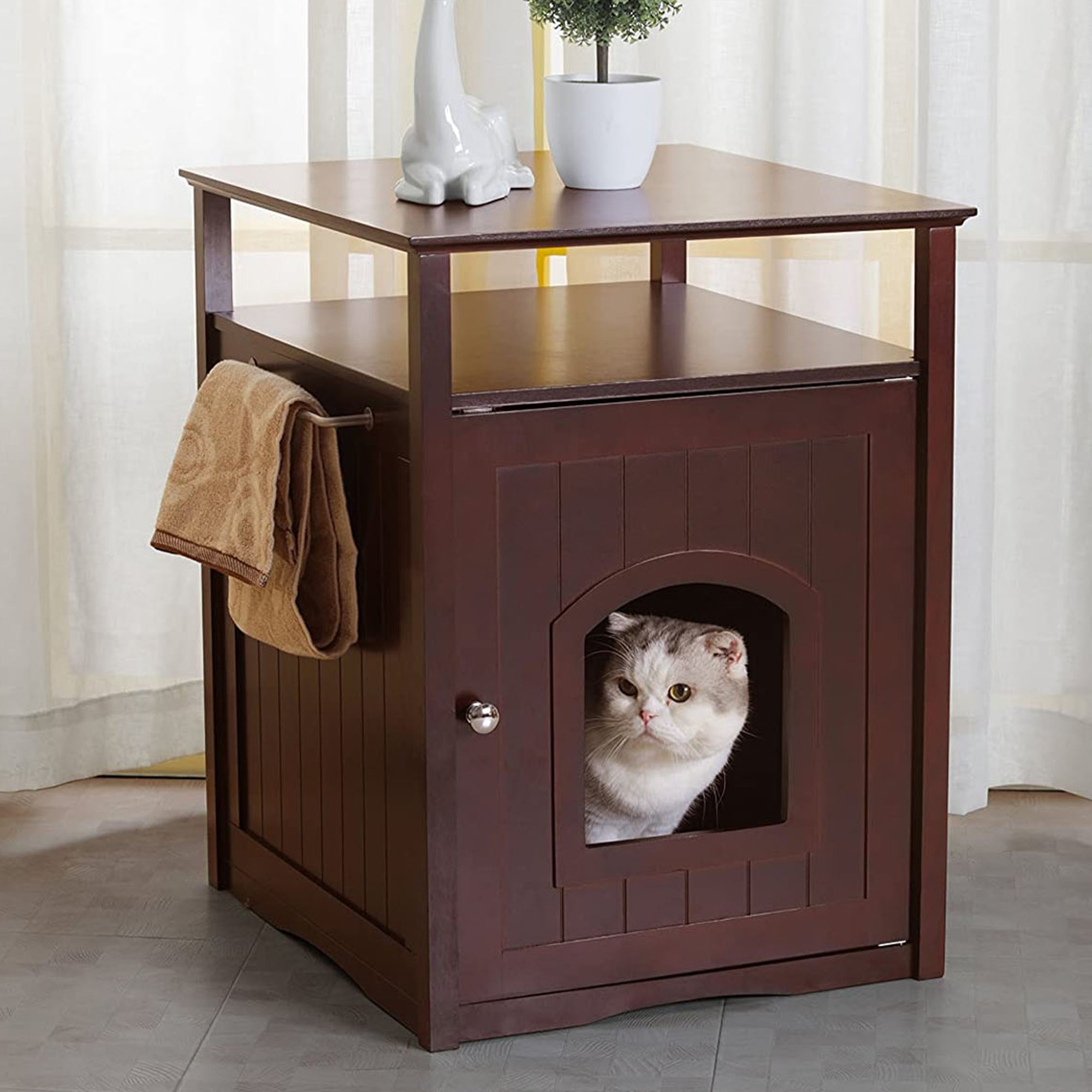 Merry Products Pet Cat Washroom Bench with Removable Partition Wall, Walnut + Merry Products Decorative Cat Enclosed Litter Box Washroom Night Stand, Espresso