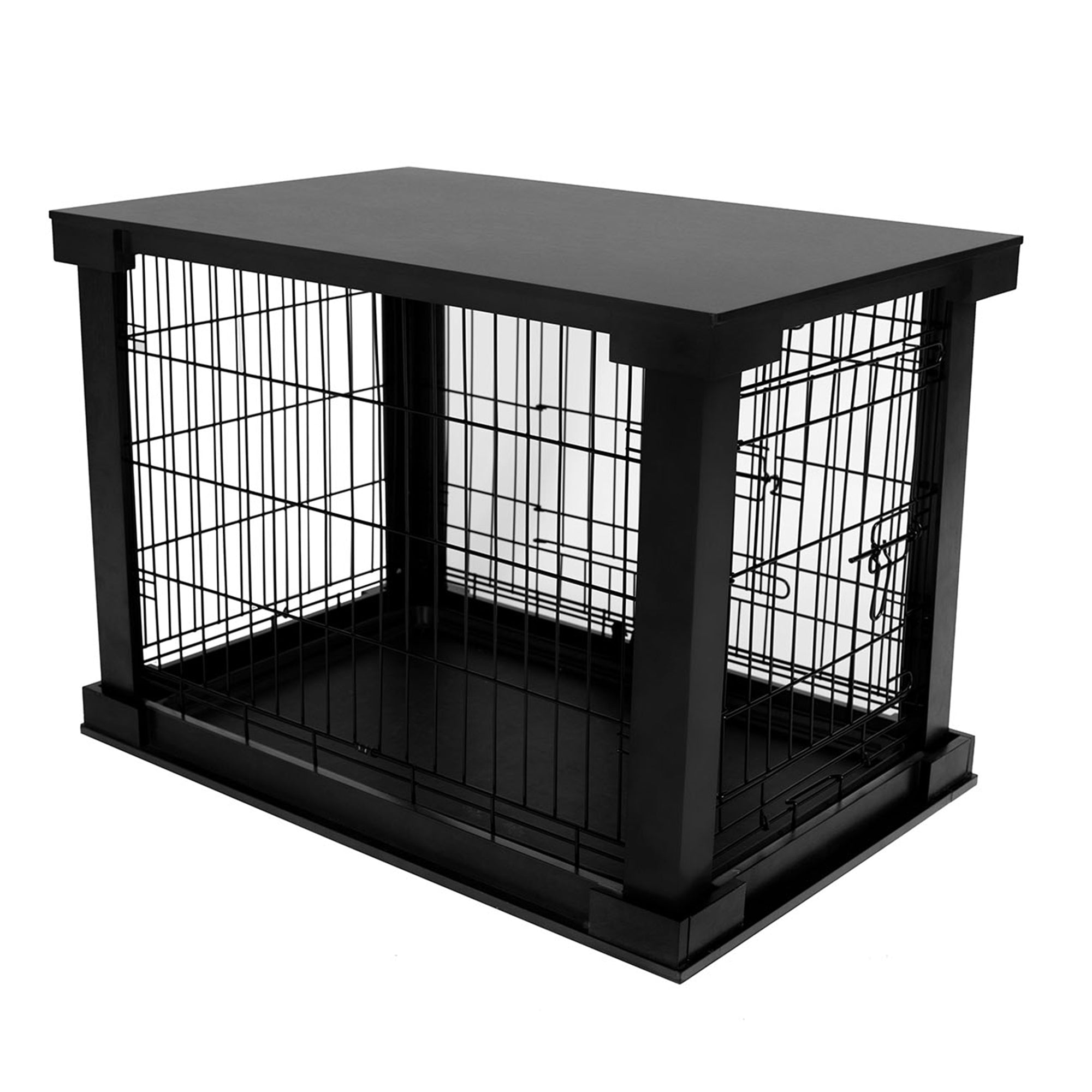 Merry Products Decorative Pet Cage w/ Protection Box End Table, Black + Zoovilla Pet Feeder Large Storage Bin with Hidden Elevated Dog Bowl Stand, White