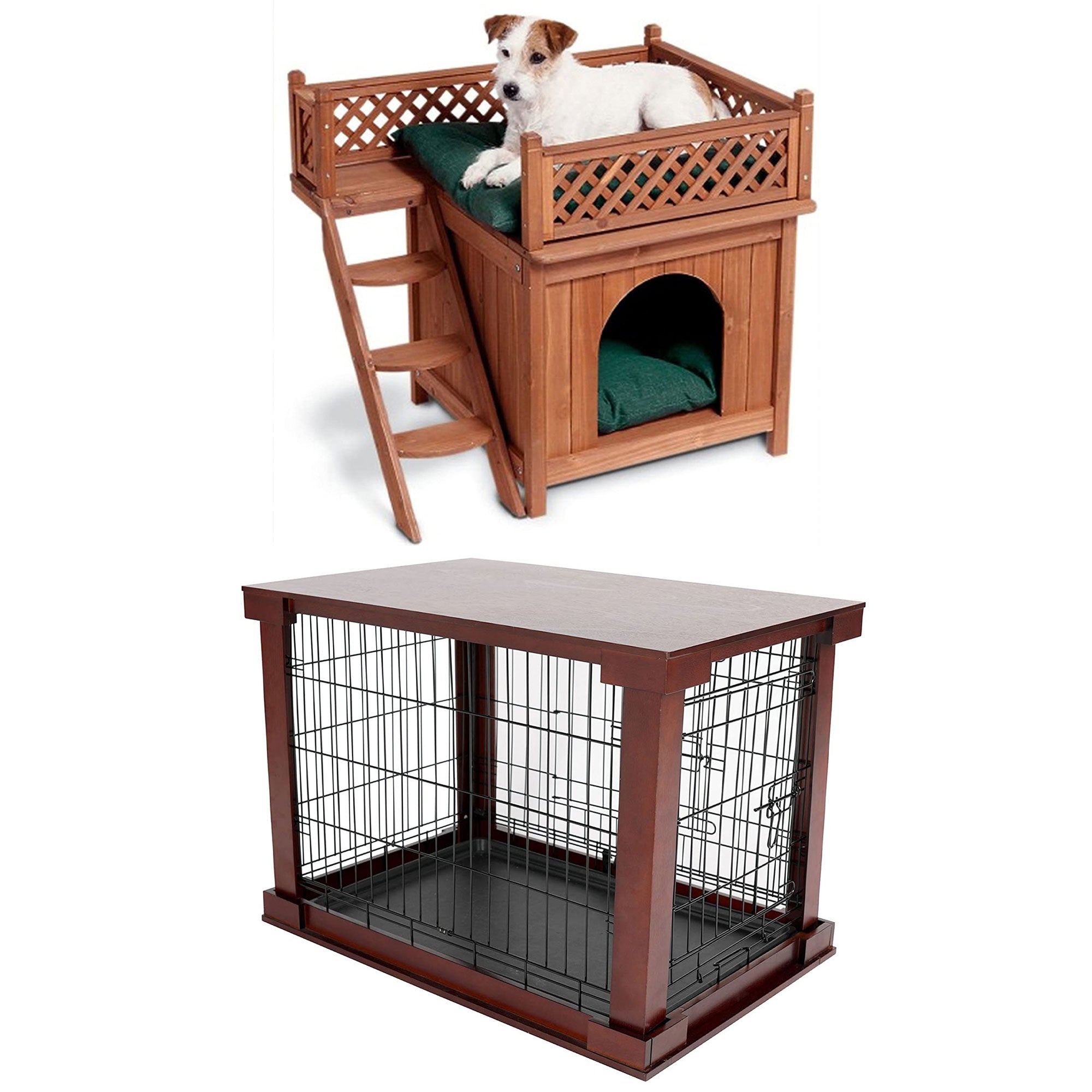 Merry Products Room w/ a View Indoor Outdoor 2 Level Wooden House for Small Pets + Merry Products Decorative Pet Cage w/ Protection Box End Table, Large, Brown