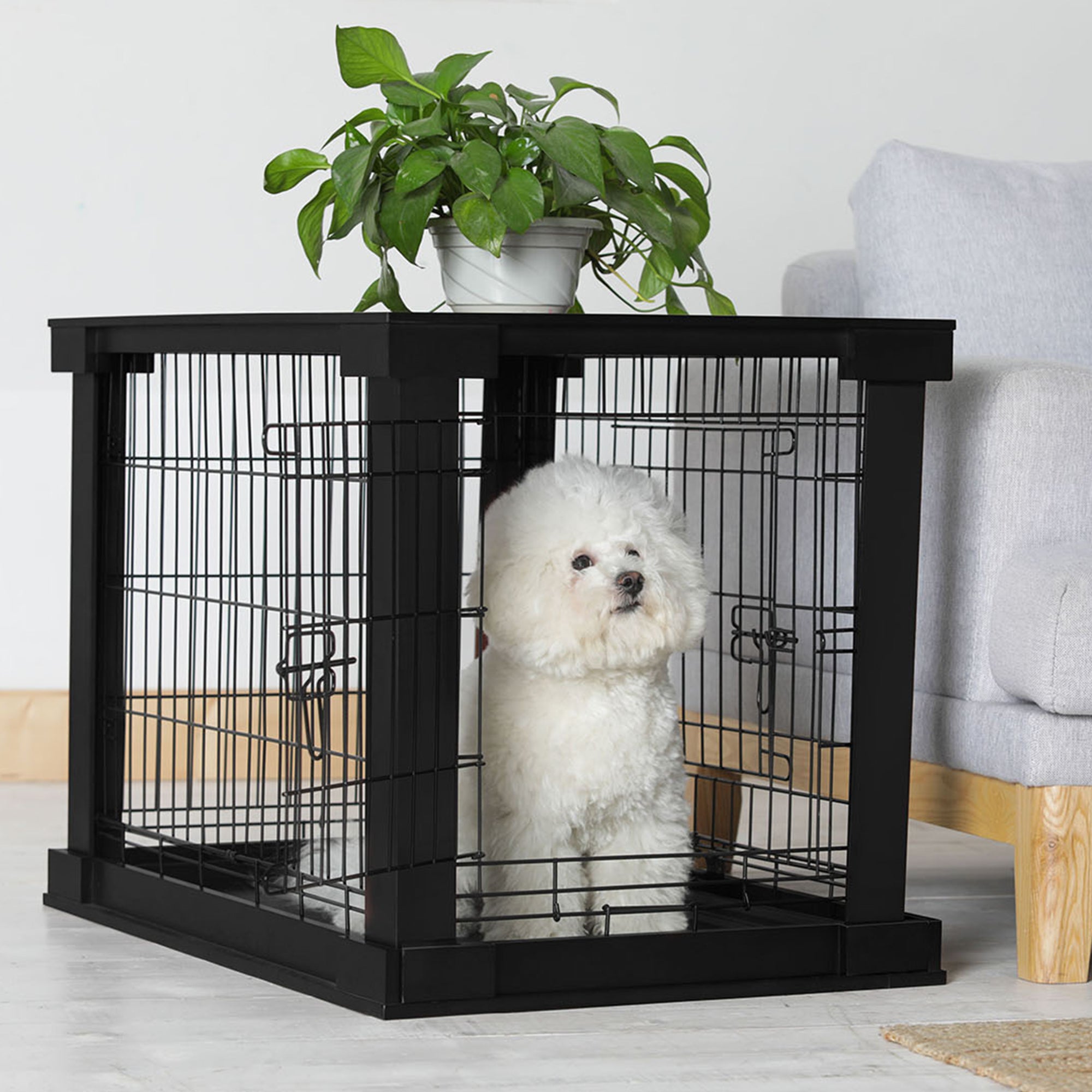 Merry Products Decorative Pet Cage w/ Protection Box End Table, Black + Merry Products Decorative Bench with Enclosed Cat Litter Washroom Box, Black