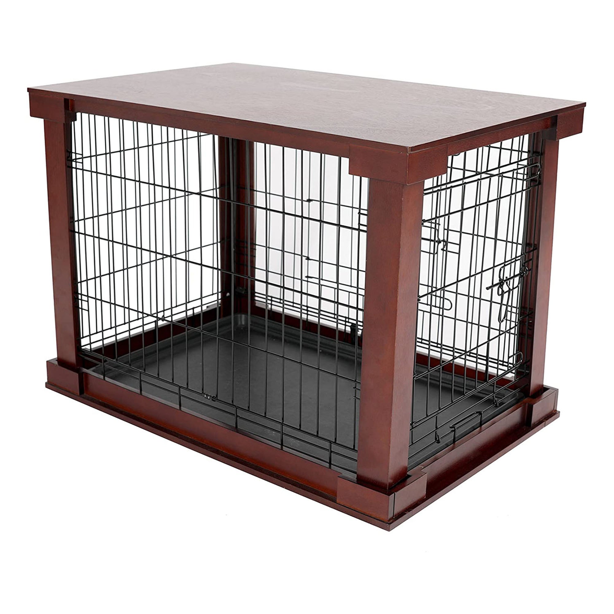Zoovilla Pet Feeder Large Storage Bin with Hidden Elevated Dog Bowl Stand, White + Merry Products Decorative Pet Cage w/ Protection Box End Table, Large, Brown - VMInnovations