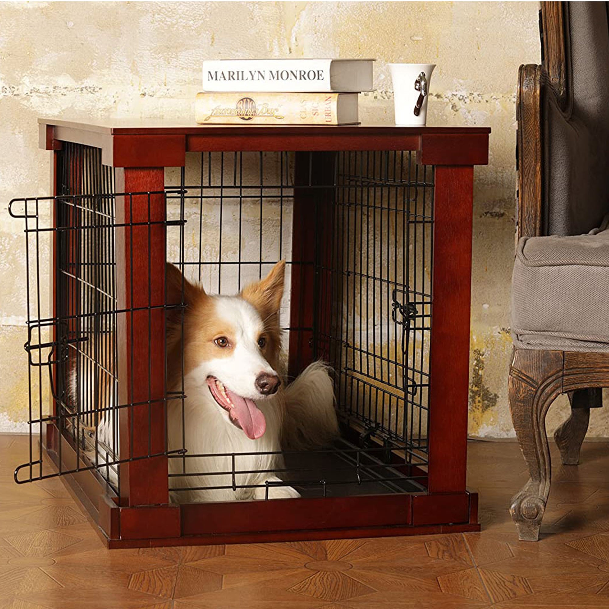 Zoovilla Pet Feeder Large Storage Bin with Hidden Elevated Dog Bowl Stand, White + Merry Products Decorative Pet Cage w/ Protection Box End Table, Large, Brown - VMInnovations