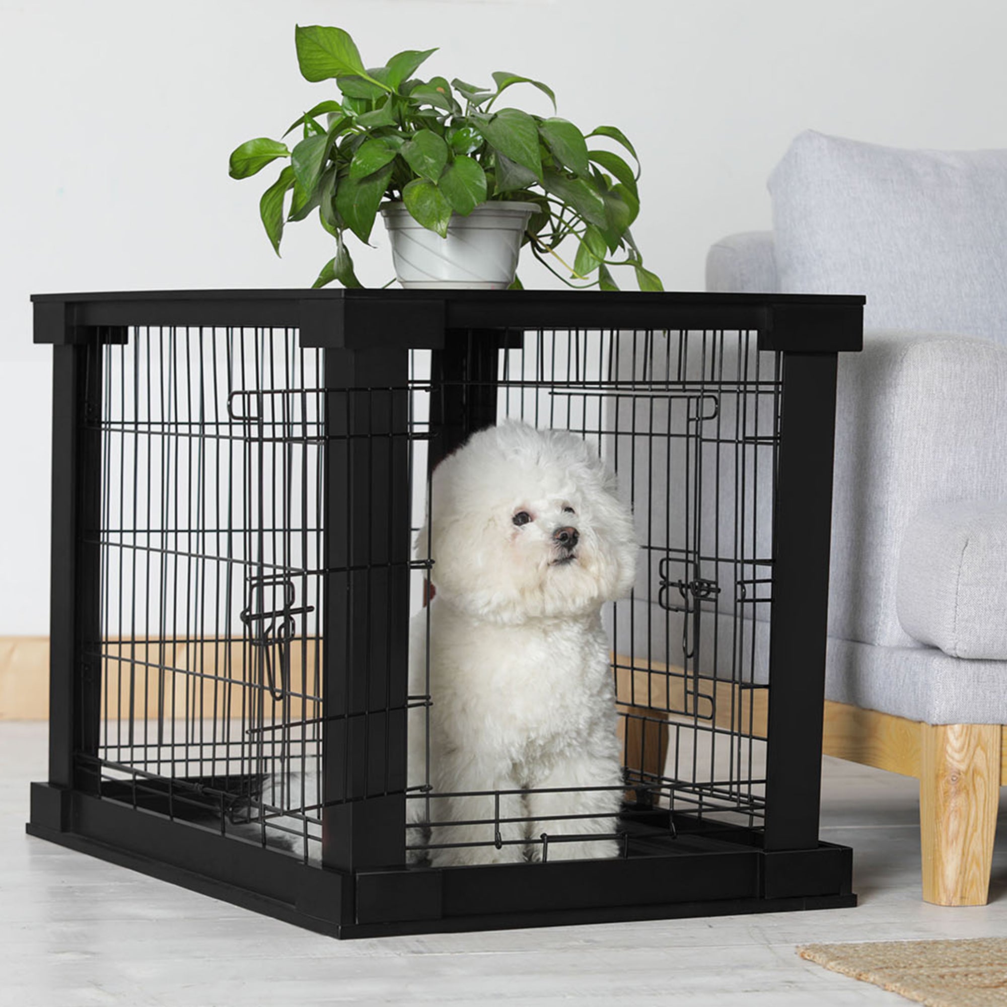 Merry Products Decorative Pet Cage w/ Protection Box End Table, Black + Zoovilla Pet Feeder Large Storage Bin with Hidden Elevated Dog Bowl Stand, Black
