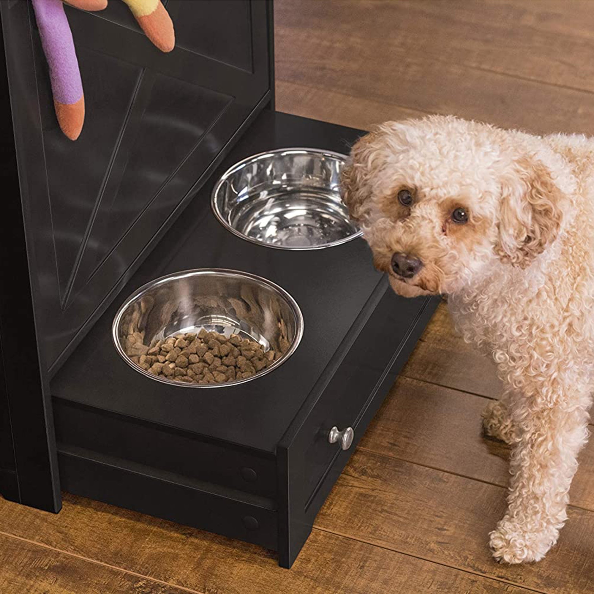 Merry Products Decorative Pet Cage w/ Protection Box End Table, Black + Zoovilla Pet Feeder Large Storage Bin with Hidden Elevated Dog Bowl Stand, Black