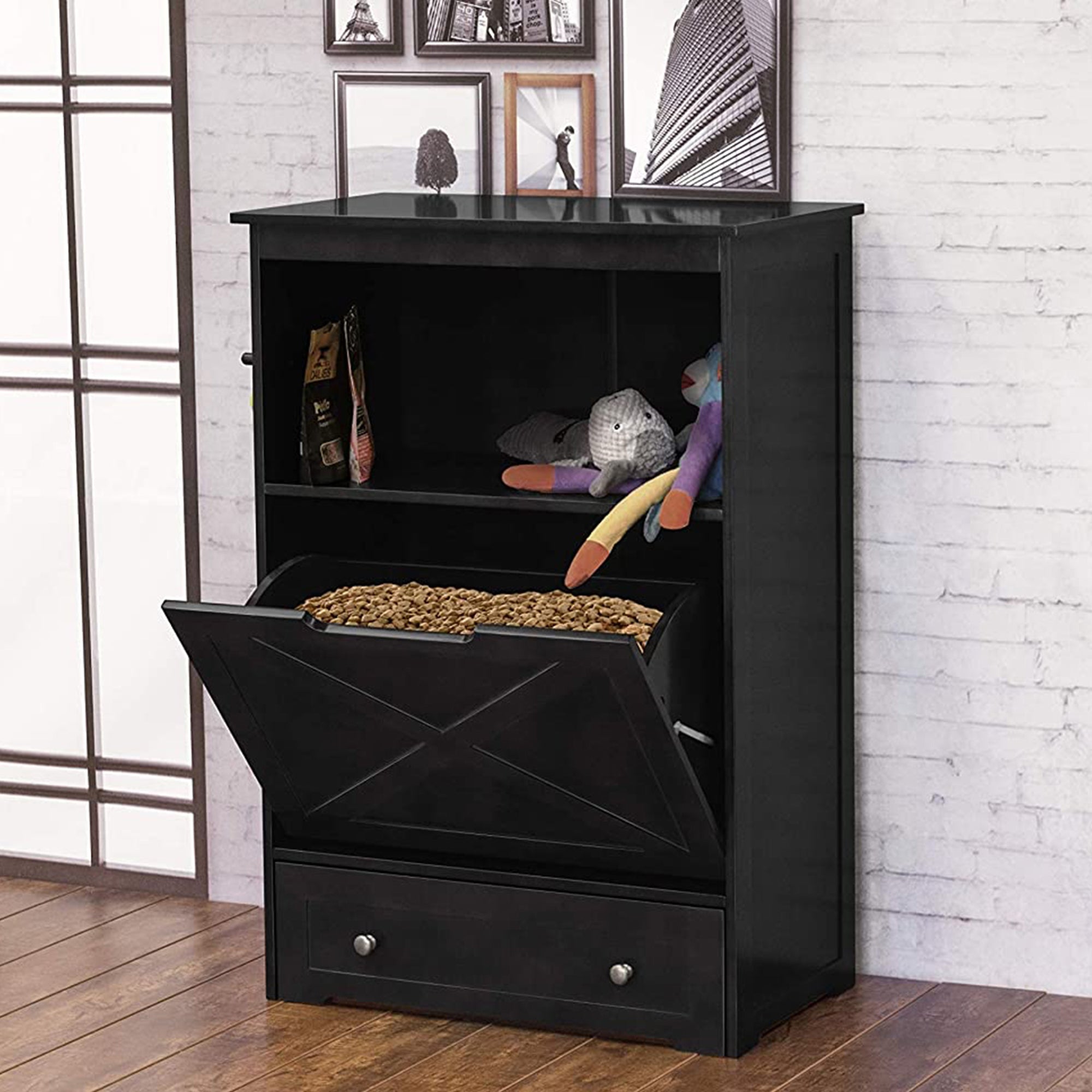Merry Products Decorative Pet Cage w/ Protection Box End Table, Black + Zoovilla Pet Feeder Large Storage Bin with Hidden Elevated Dog Bowl Stand, Black