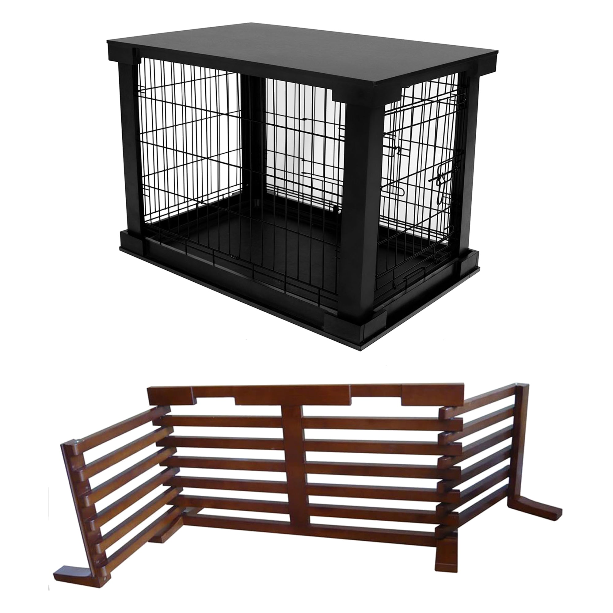 Merry Products Decorative Pet Cage w/ Protection Box End Table, Black + Merry Products Wooden 6 Foot Dog Gate-N-Crate for Small to Medium Pets, Walnut