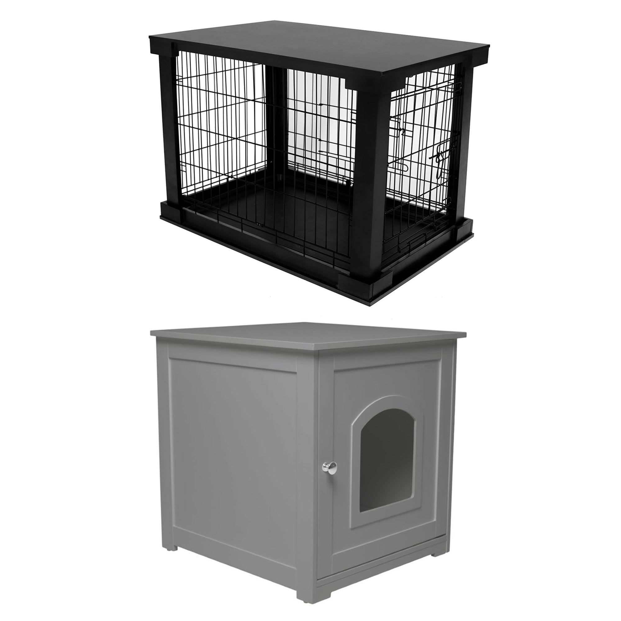 Merry Products Decorative Pet Cage w/ Protection Box End Table, Black + zoovilla Kitty Litter Loo Indoor Hidden Litter Box Enclosure Furniture, Gray