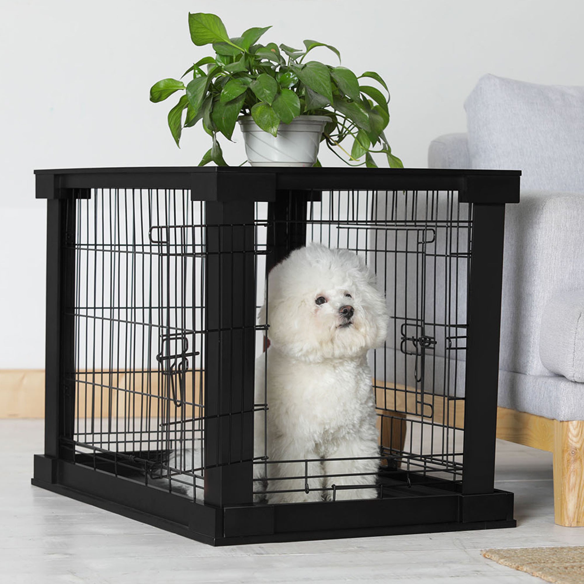 Merry Products Decorative Pet Cage w/ Protection Box End Table, Black + zoovilla Kitty Litter Loo Indoor Hidden Litter Box Enclosure Furniture, Gray