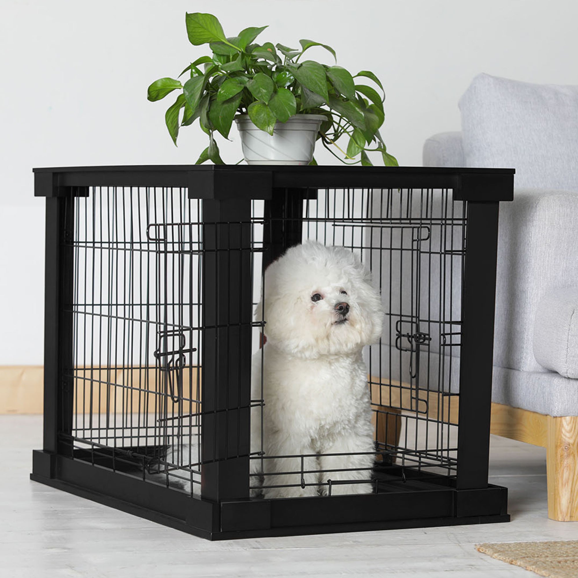 Merry Products Decorative Pet Cage w/ Protection Box End Table, Black + zoovilla Kitty Litter Loo Indoor Hidden Litter Box Furniture Enclosure, Black