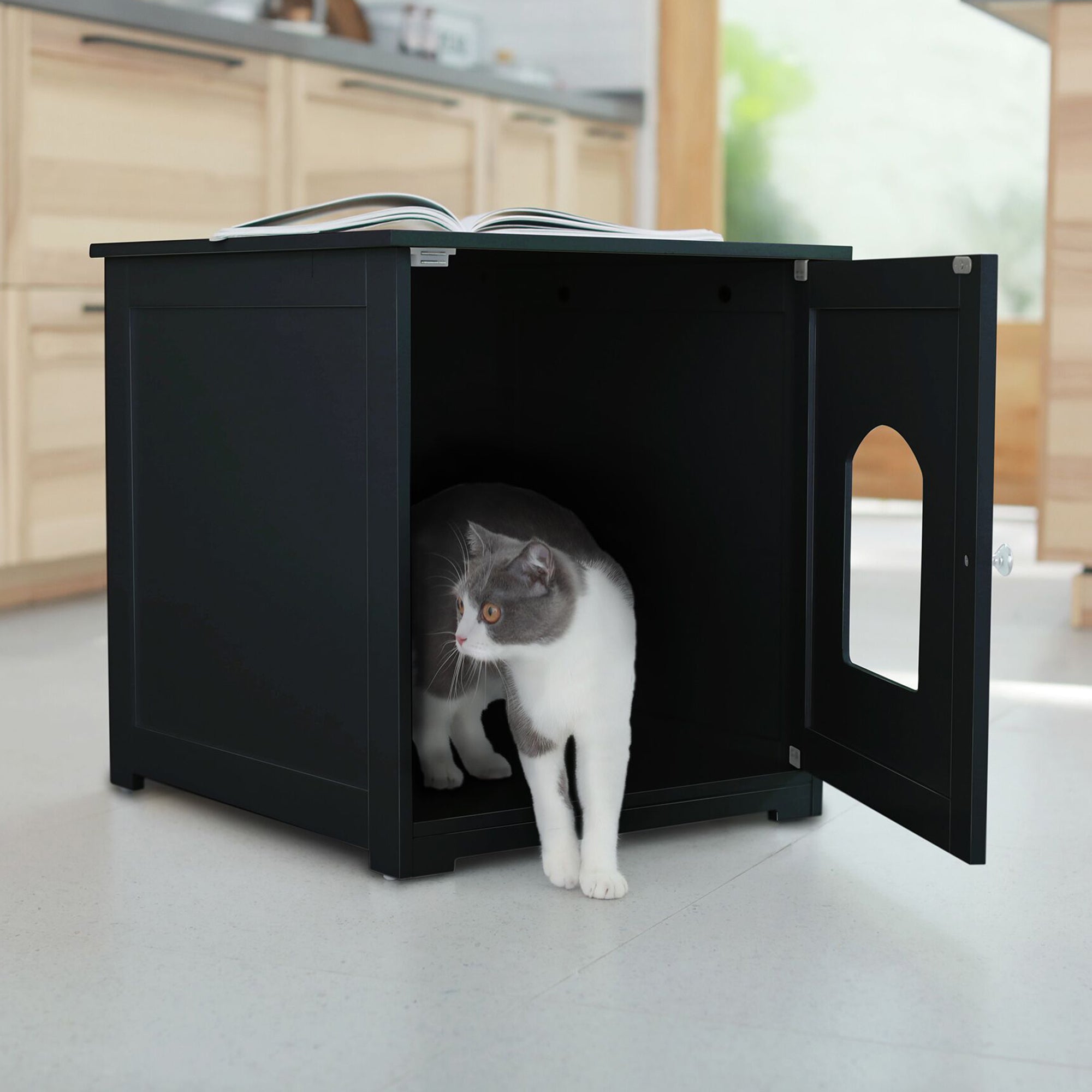 Merry Products Decorative Pet Cage w/ Protection Box End Table, Black + zoovilla Kitty Litter Loo Indoor Hidden Litter Box Furniture Enclosure, Black
