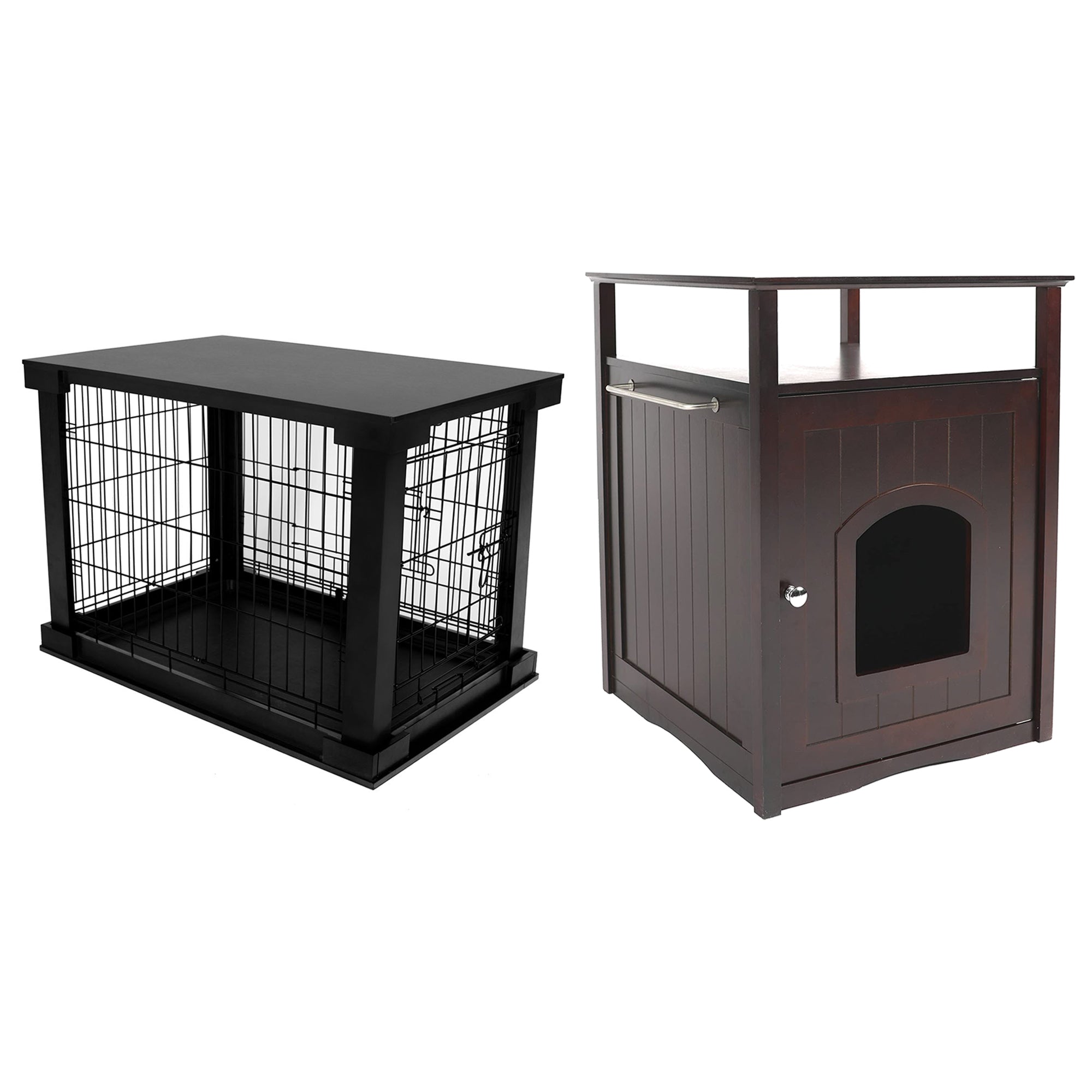 Merry Products Decorative Pet Cage w/ Protection Box End Table, Black + Merry Products Decorative Cat Enclosed Litter Box Washroom Night Stand, Espresso