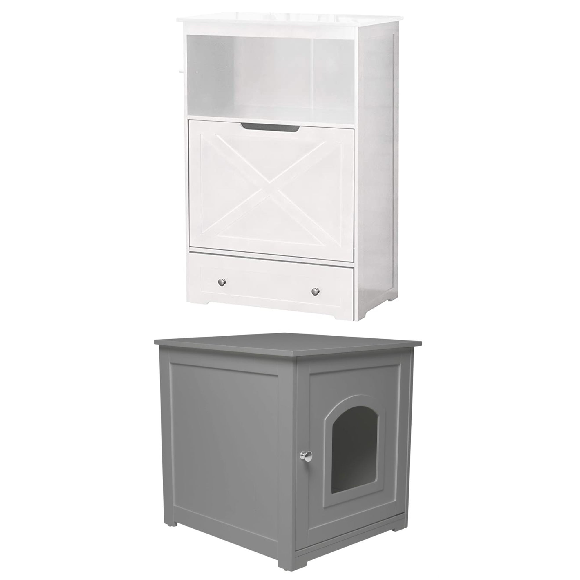 Zoovilla Pet Feeder Large Storage Bin with Hidden Elevated Dog Bowl Stand, White + zoovilla Kitty Litter Loo Indoor Hidden Litter Box Enclosure Furniture, Gray