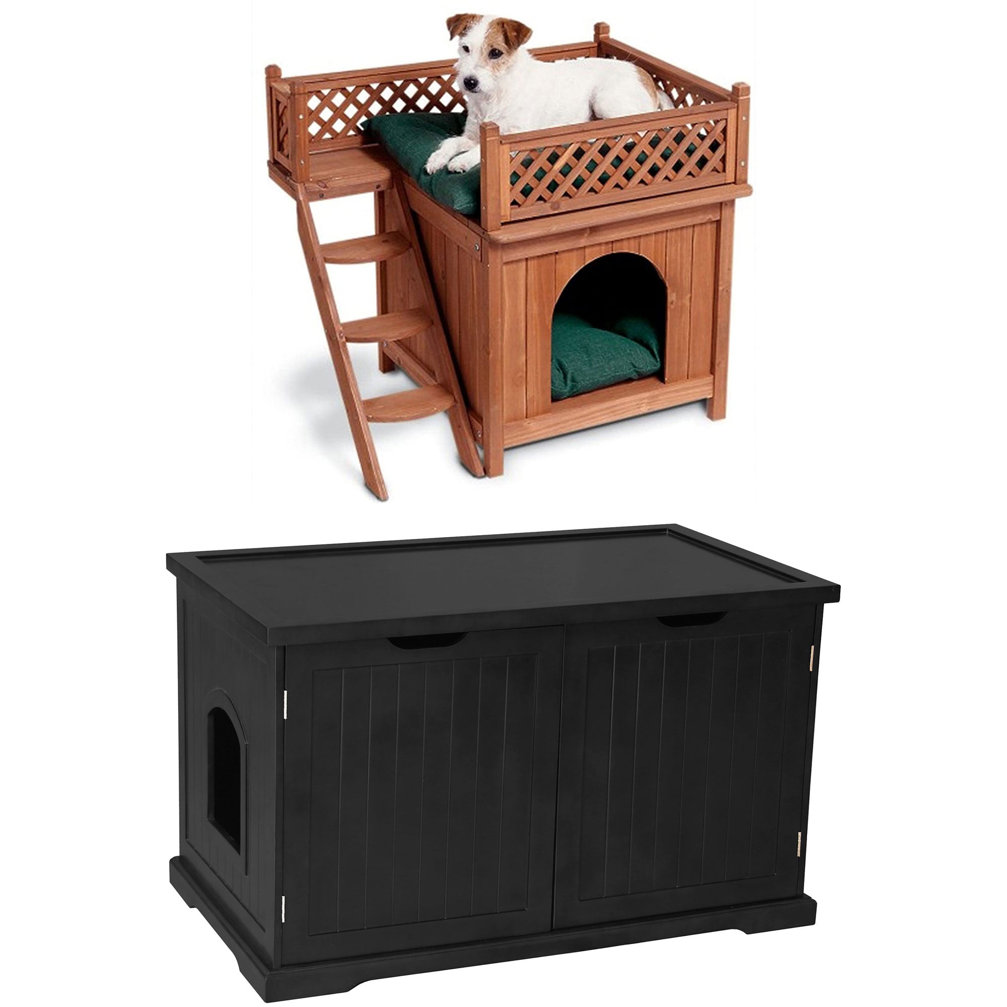 Merry Products Room w/ a View Indoor Outdoor 2 Level Wooden House for Small Pets + Merry Products Decorative Bench with Enclosed Cat Litter Washroom Box, Black