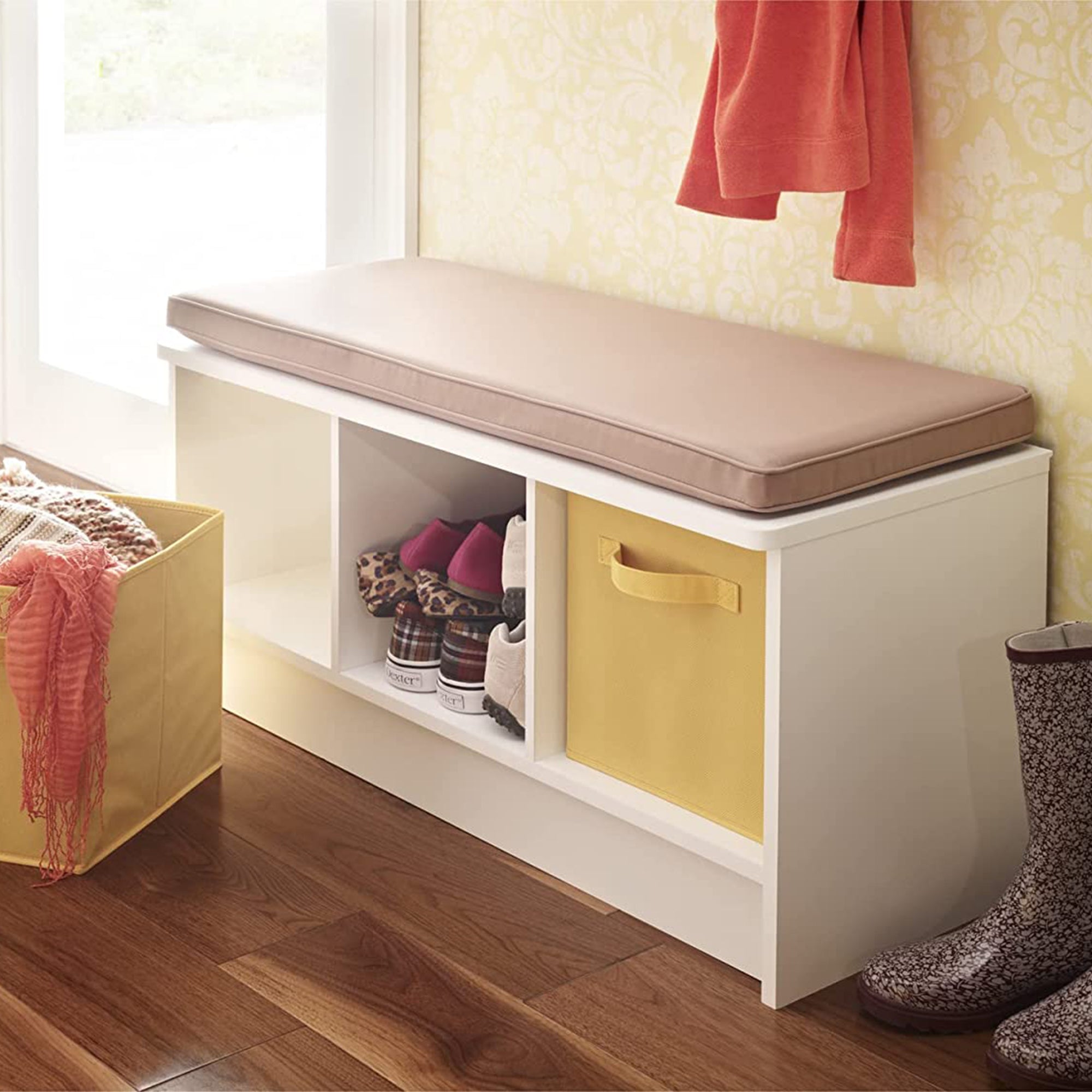 ClosetMaid 3 Cube Cubby Storage Organizer Bench w/Seat Cushion, White/Tan (Used) - VMInnovations