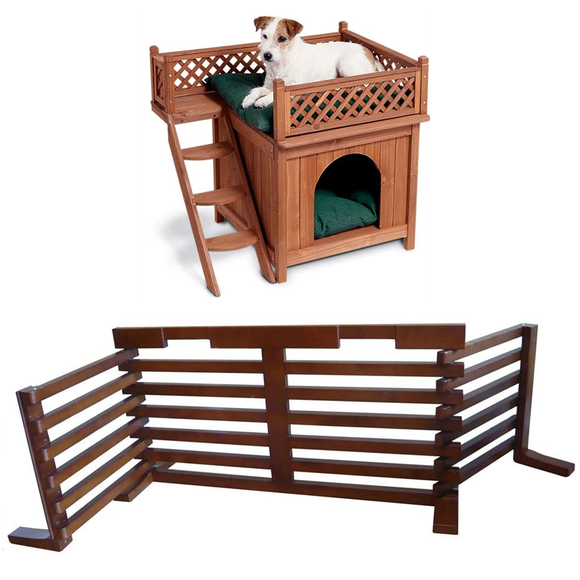 Merry Products Room w/ a View Indoor Outdoor 2 Level Wooden House for Small Pets + Merry Products Wooden 6 Foot Dog Gate-N-Crate for Small to Medium Pets, Walnut