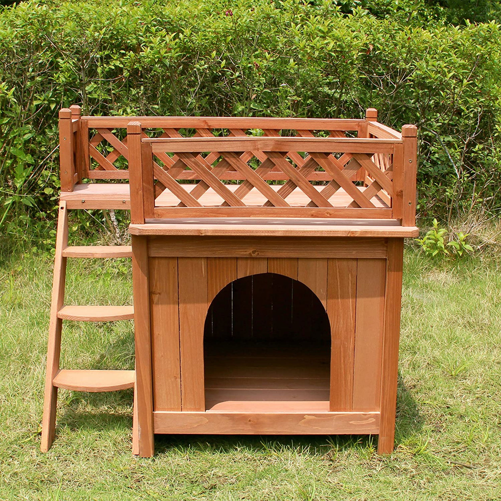 Merry Products Room w/ a View Indoor Outdoor 2 Level Wooden House for Small Pets + zoovilla Kitty Litter Loo Indoor Hidden Litter Box Enclosure Furniture, Gray - VMInnovations