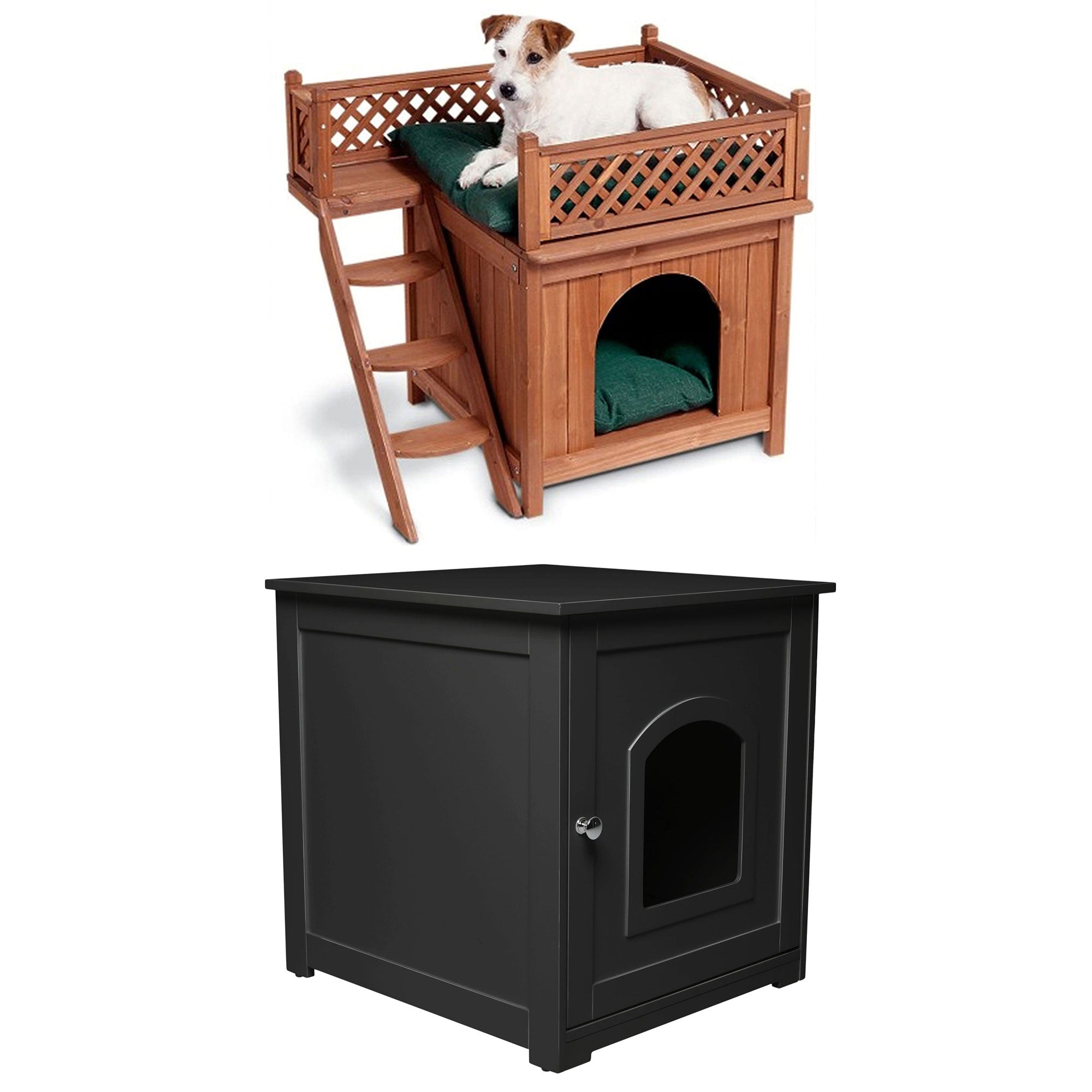 Merry Products Room w/ a View Indoor Outdoor 2 Level Wooden House for Small Pets + zoovilla Kitty Litter Loo Indoor Hidden Litter Box Furniture Enclosure, Black