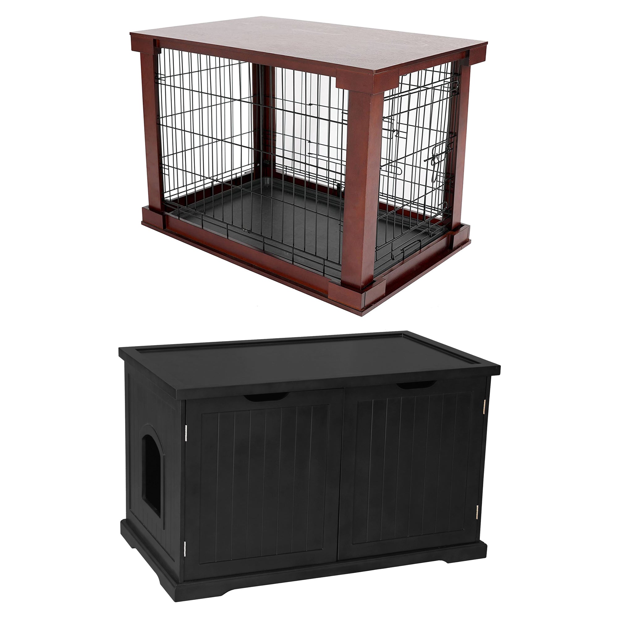Merry Products Decorative Pet Cage w/ Protection Box End Table, Large, Brown + Merry Products Decorative Bench with Enclosed Cat Litter Washroom Box, Black - VMInnovations