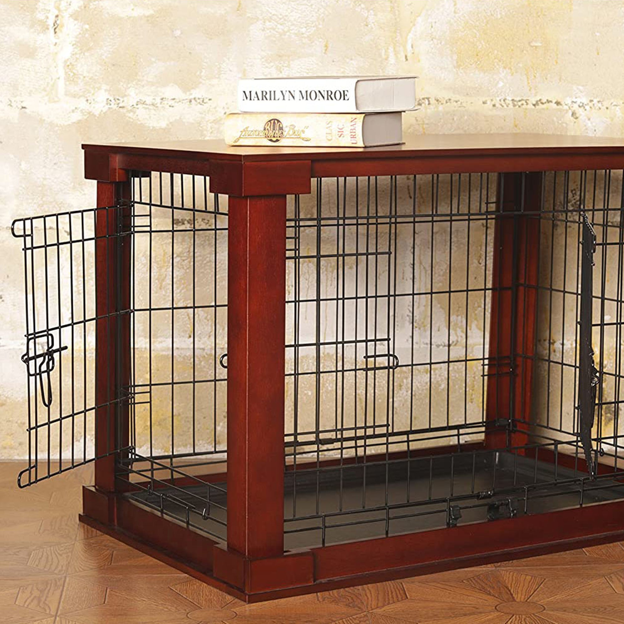 Merry Products Decorative Pet Cage w/ Protection Box End Table, Large, Brown + Merry Products Decorative Bench with Enclosed Cat Litter Washroom Box, Black - VMInnovations
