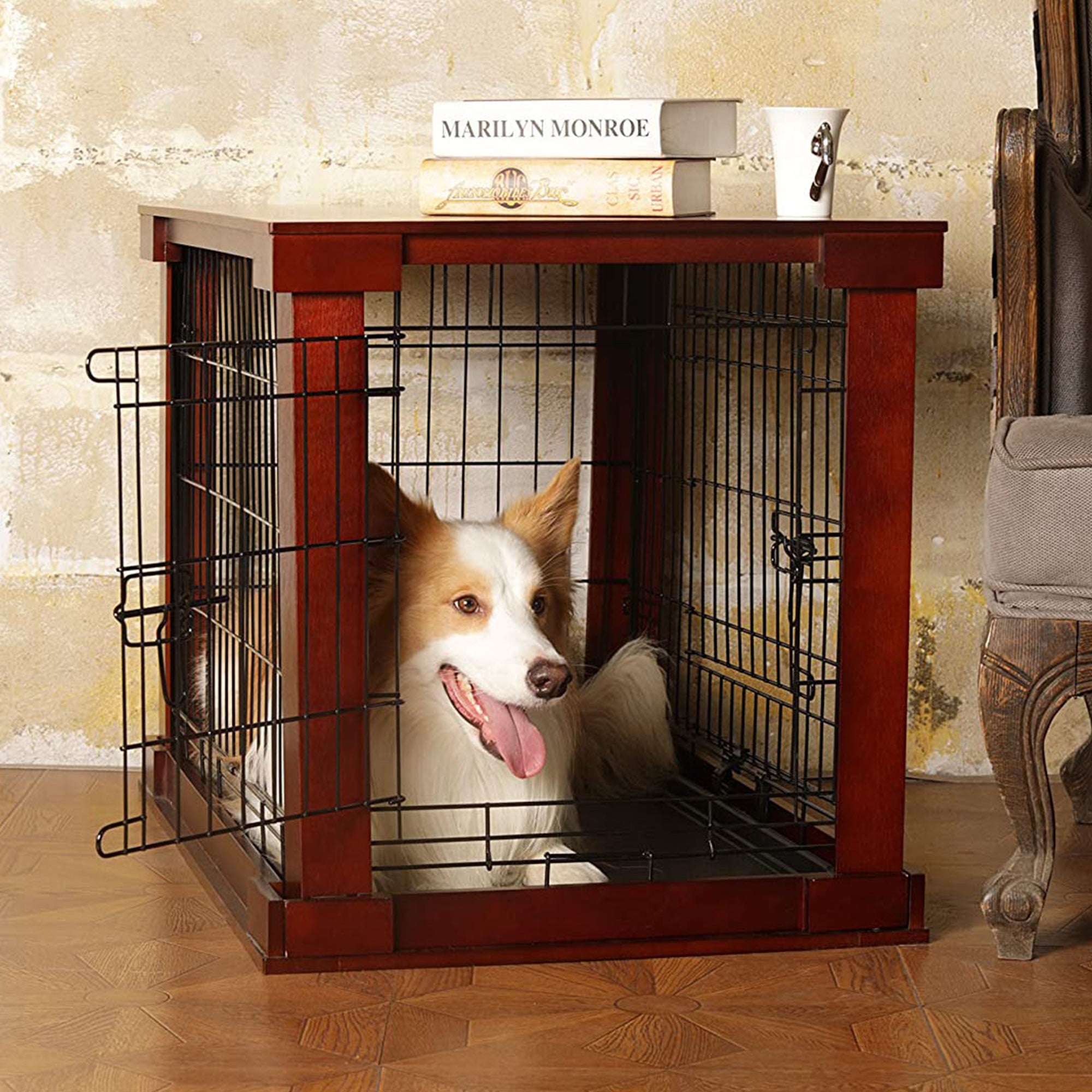 Merry Products Decorative Pet Cage w/ Protection Box End Table, Large, Brown + Merry Products Decorative Bench with Enclosed Cat Litter Washroom Box, Black - VMInnovations