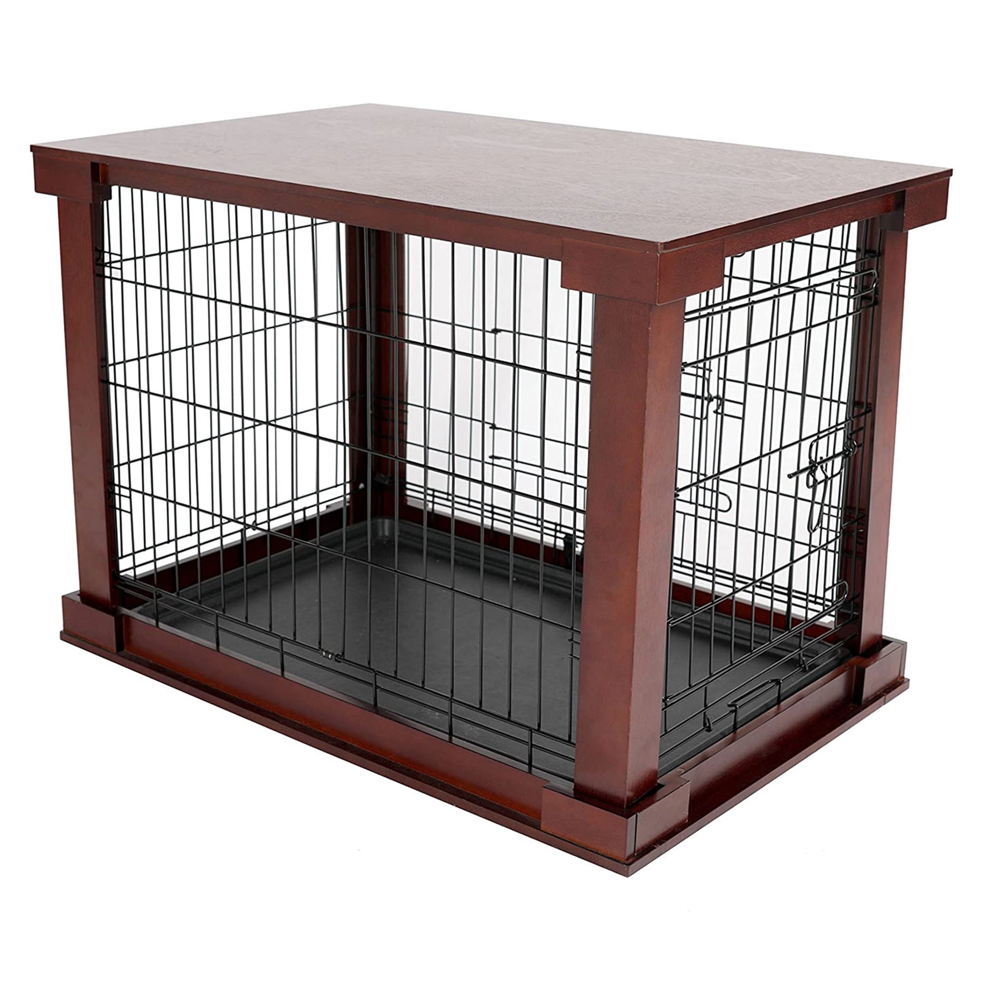 Merry Products Decorative Pet Cage w/ Protection Box End Table, Large, Brown + Zoovilla Pet Feeder Large Storage Bin with Hidden Elevated Dog Bowl Stand, Black - VMInnovations