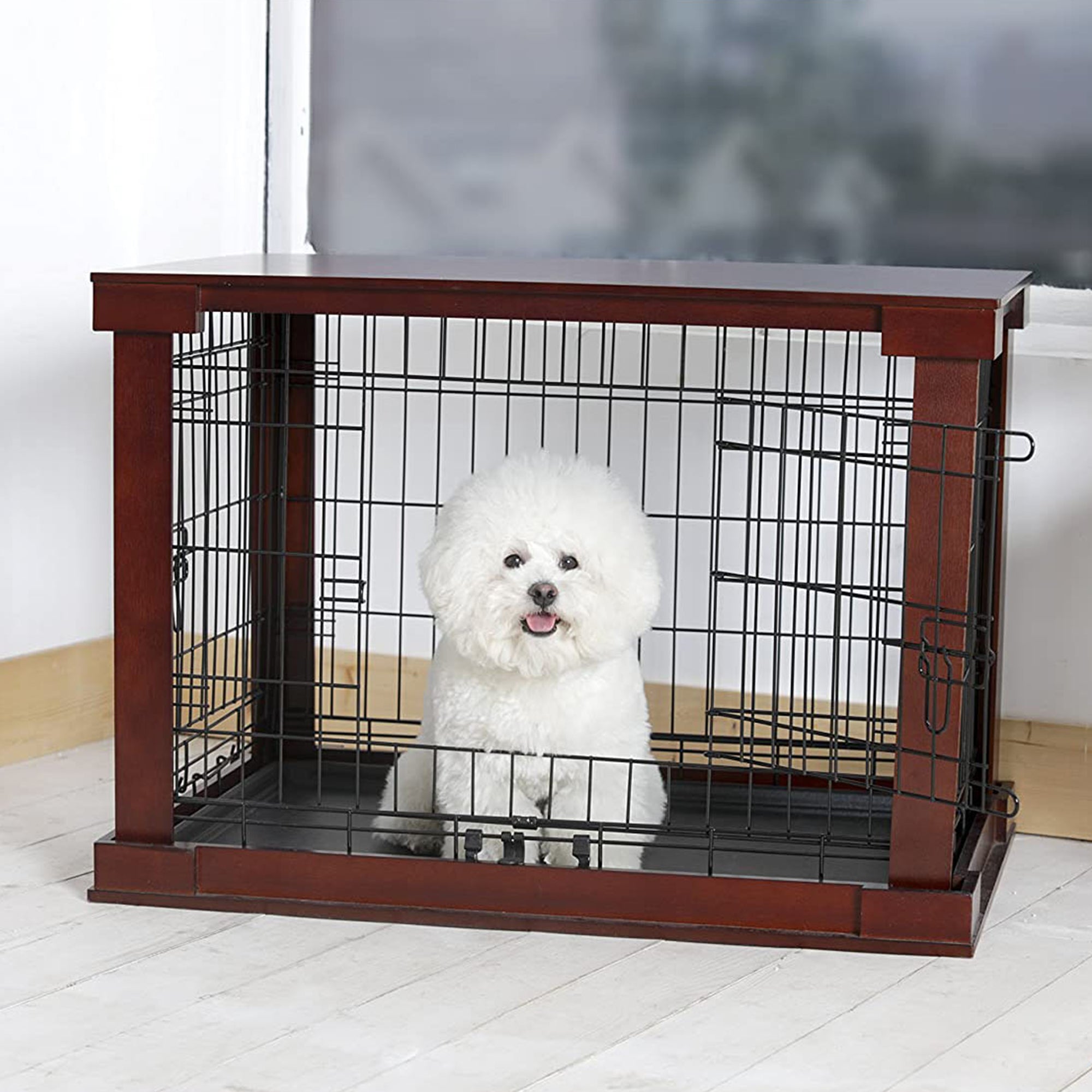 Merry Products Decorative Pet Cage w/ Protection Box End Table, Large, Brown + Merry Products Wooden 6 Foot Dog Gate-N-Crate for Small to Medium Pets, Walnut
