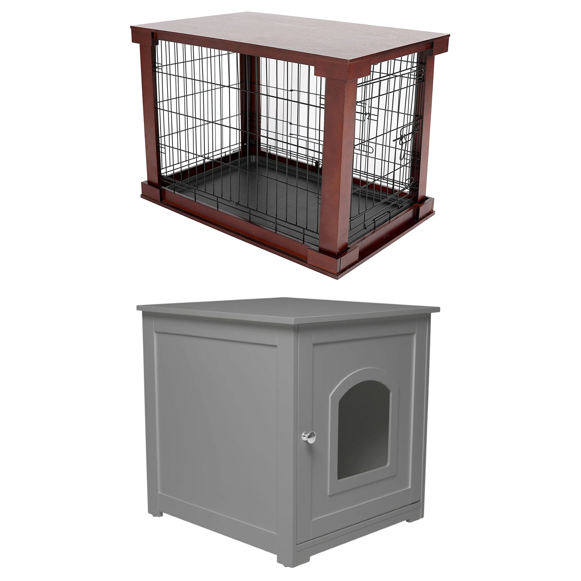 Merry Products Decorative Pet Cage w/ Protection Box End Table, Large, Brown + zoovilla Kitty Litter Loo Indoor Hidden Litter Box Enclosure Furniture, Gray