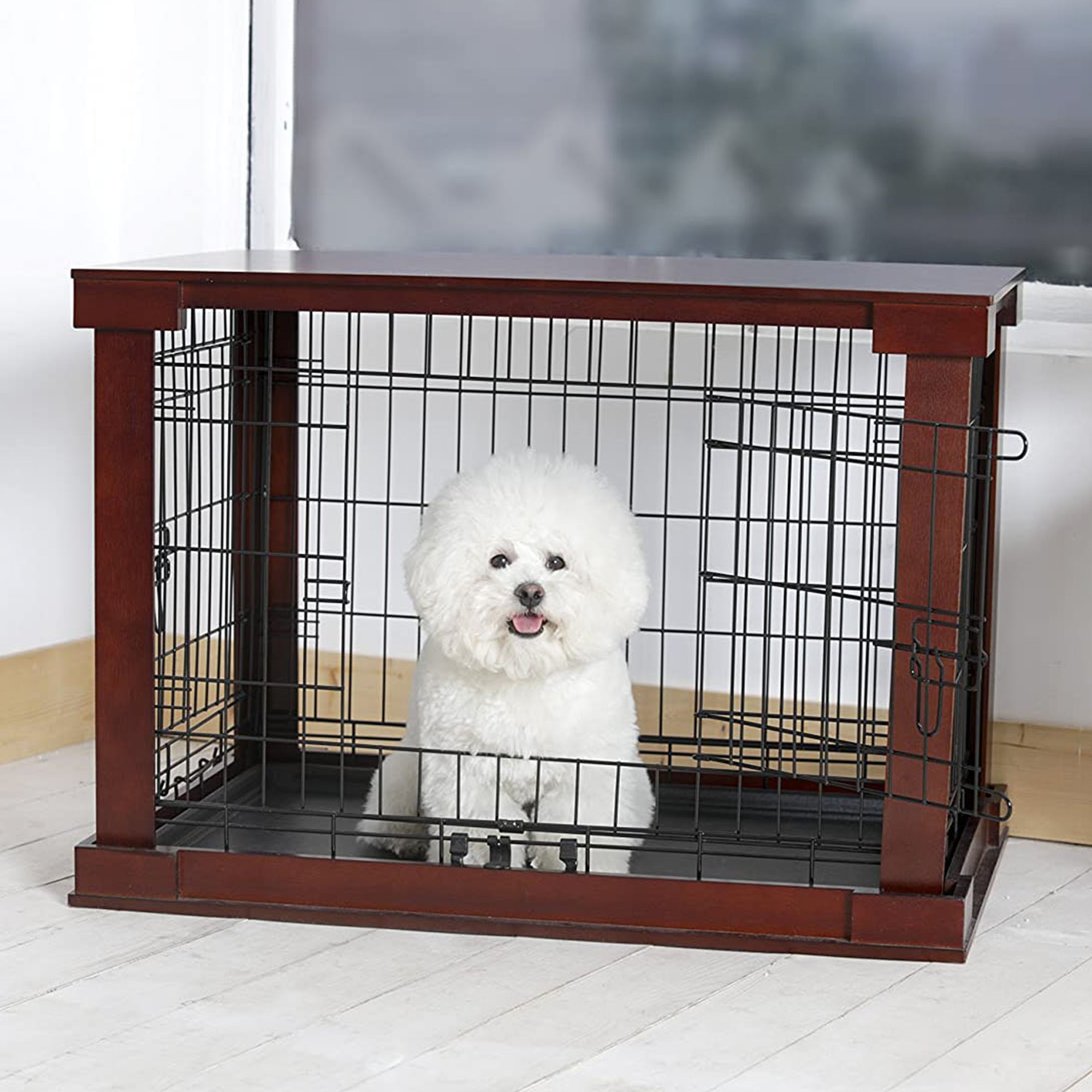 Merry Products Decorative Pet Cage w/ Protection Box End Table, Large, Brown + zoovilla Kitty Litter Loo Indoor Hidden Litter Box Enclosure Furniture, Gray