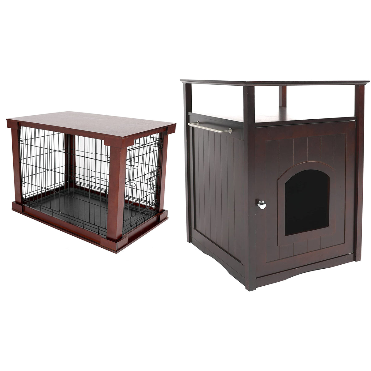 Merry Products Decorative Pet Cage w/ Protection Box End Table, Large, Brown + Merry Products Decorative Cat Enclosed Litter Box Washroom Night Stand, Espresso