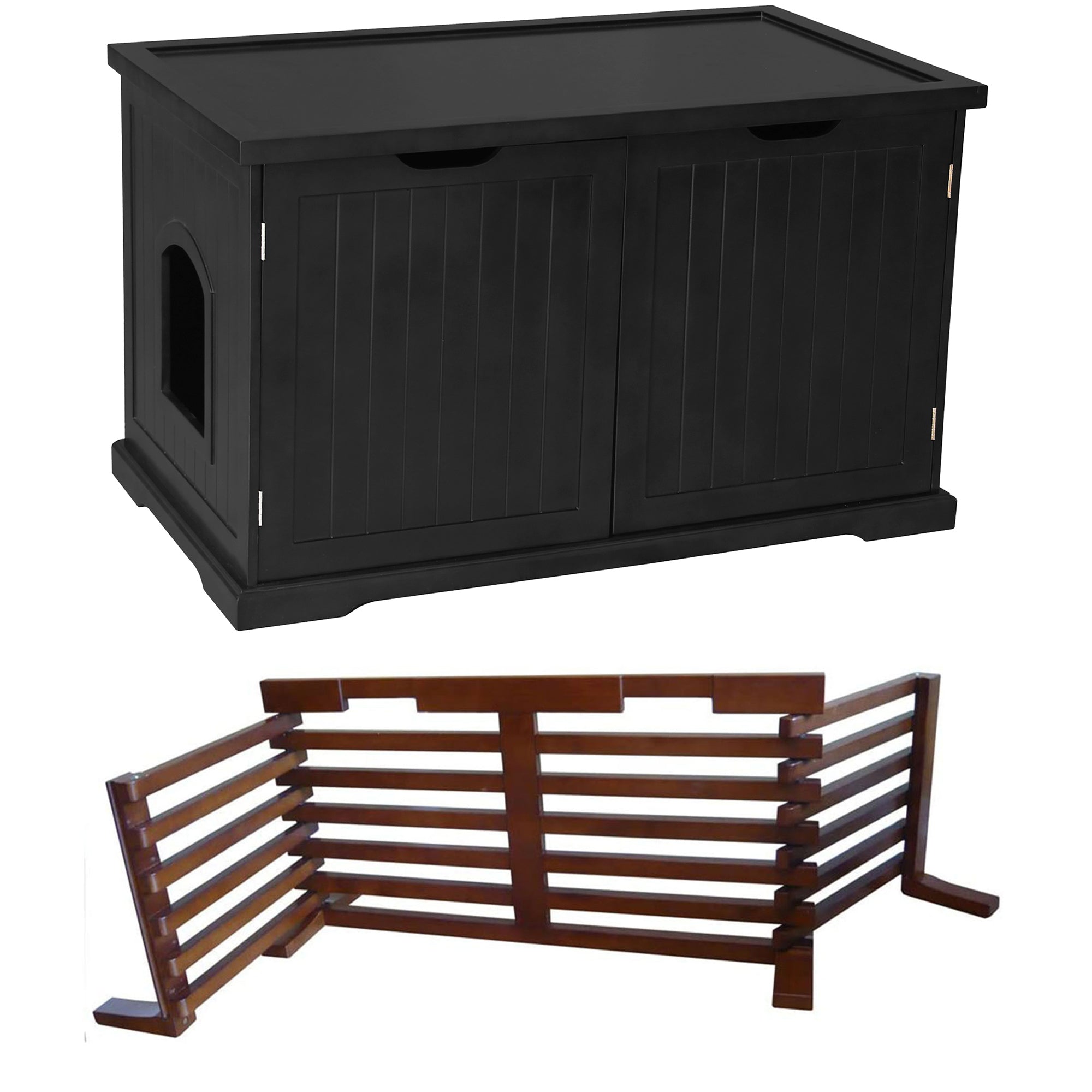 Merry Products Decorative Bench with Enclosed Cat Litter Washroom Box, Black + Merry Products Wooden 6 Foot Dog Gate-N-Crate for Small to Medium Pets, Walnut