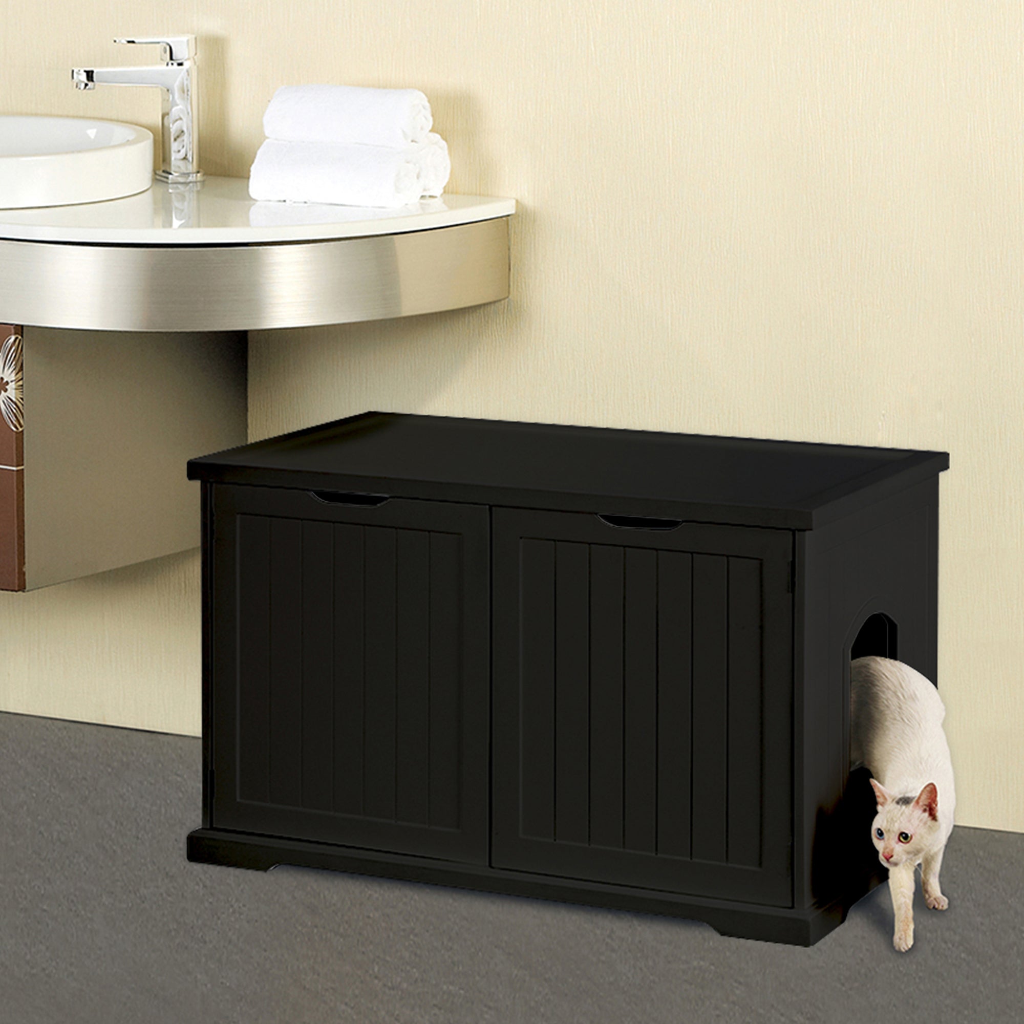 Merry Products Decorative Bench with Enclosed Cat Litter Washroom Box, Black + zoovilla Kitty Litter Loo Indoor Hidden Litter Box Furniture Enclosure, Black