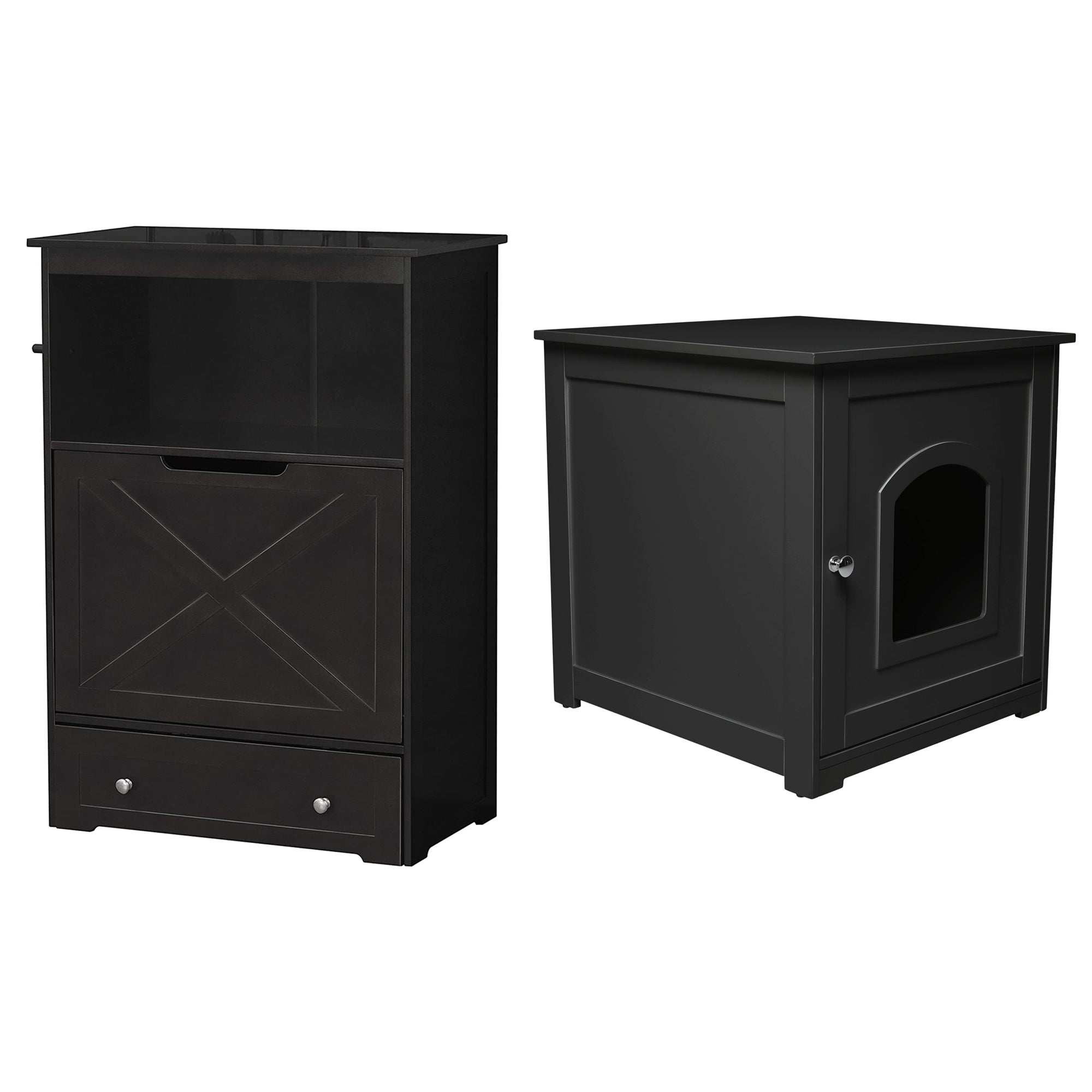 Zoovilla Pet Feeder Large Storage Bin with Hidden Elevated Dog Bowl Stand, Black + zoovilla Kitty Litter Loo Indoor Hidden Litter Box Furniture Enclosure, Black