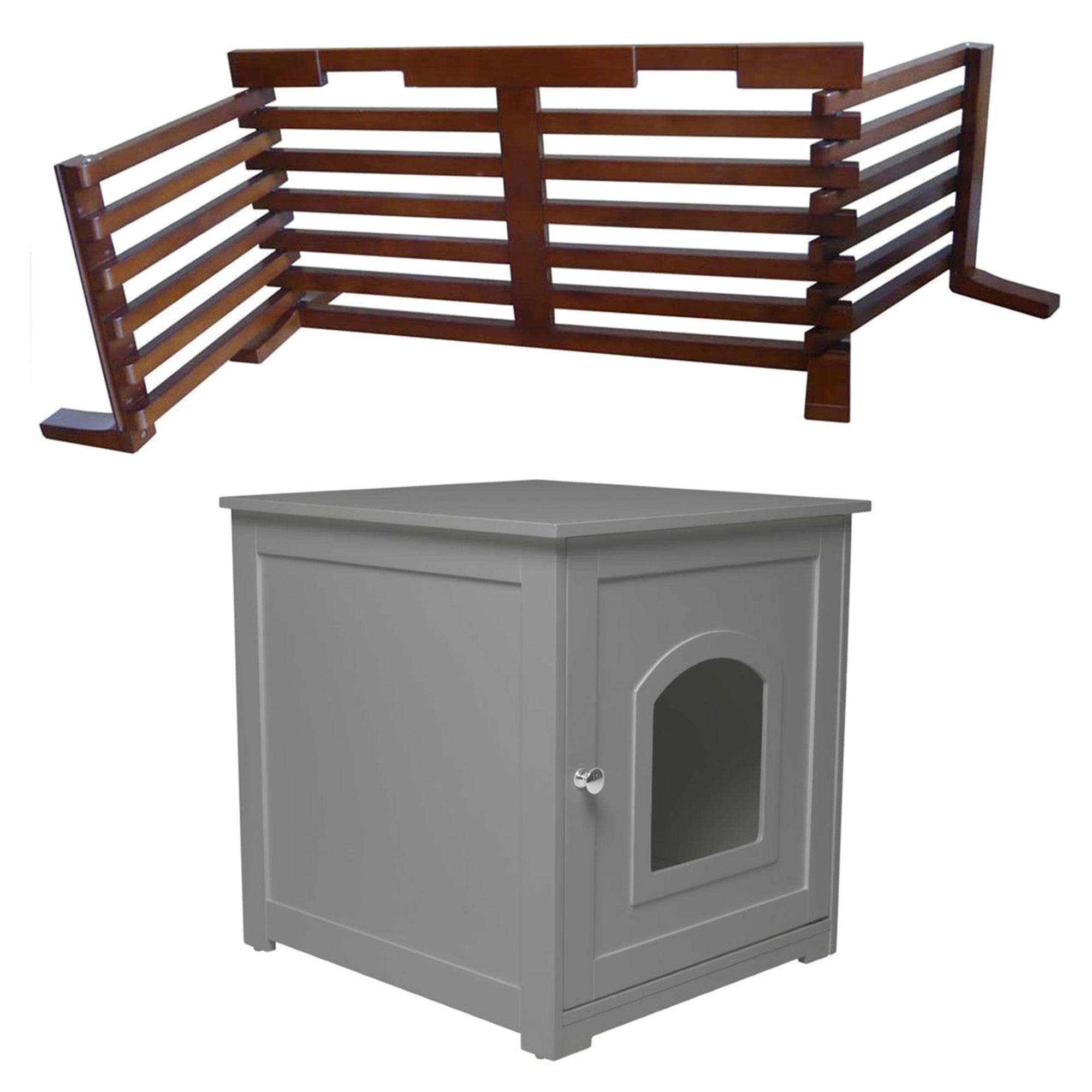 Merry Products Wooden 6 Foot Dog Gate-N-Crate for Small to Medium Pets, Walnut + zoovilla Kitty Litter Loo Indoor Hidden Litter Box Enclosure Furniture, Gray