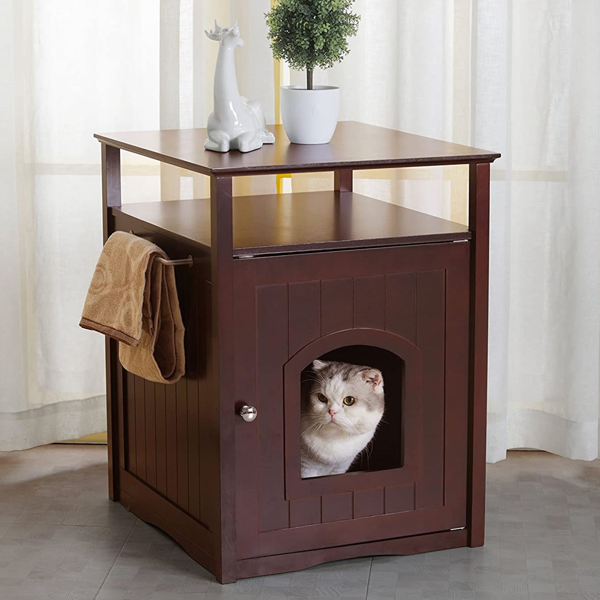 Merry Products Wooden 6 Foot Dog Gate-N-Crate for Small to Medium Pets, Walnut + Merry Products Decorative Cat Enclosed Litter Box Washroom Night Stand, Espresso
