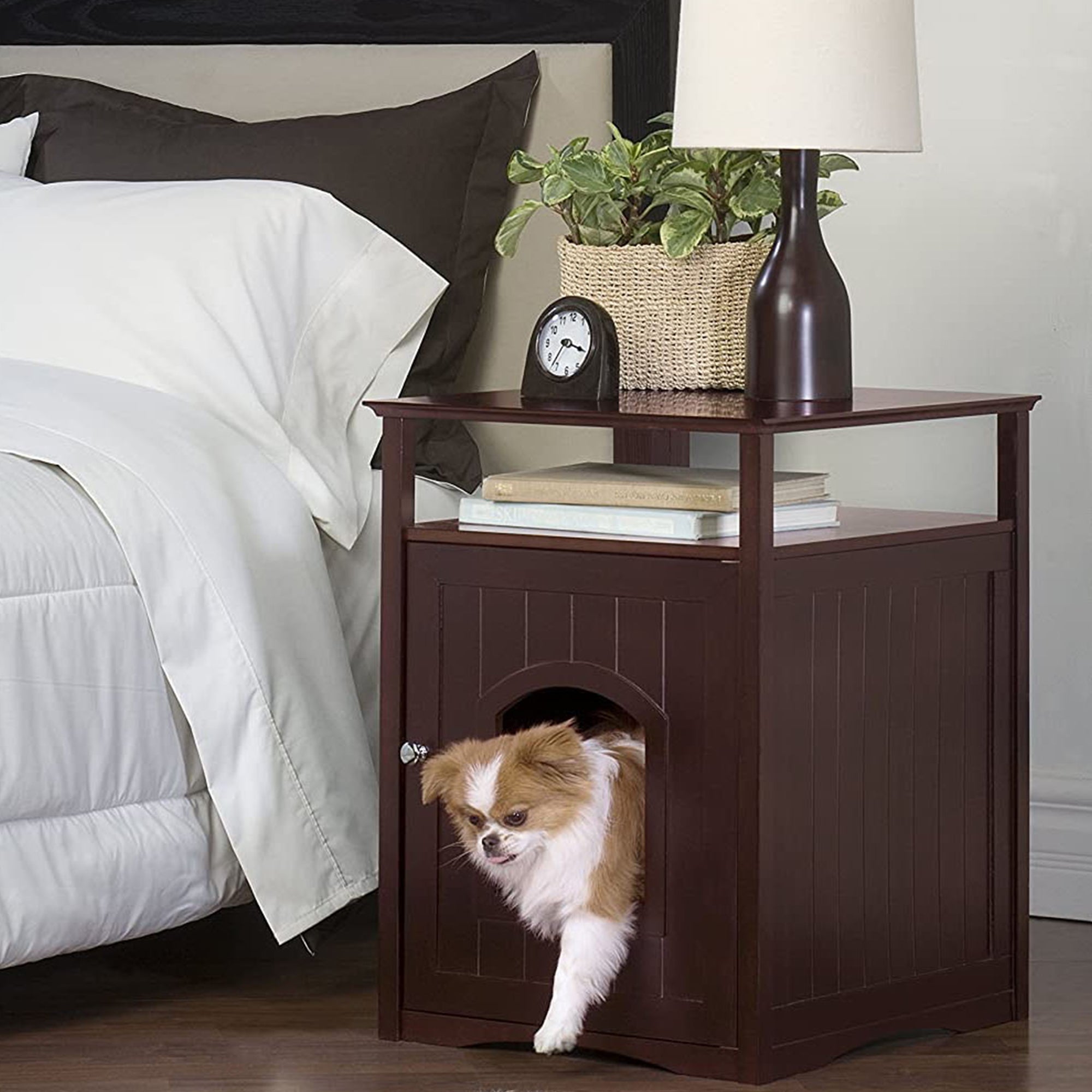 Merry Products Wooden 6 Foot Dog Gate-N-Crate for Small to Medium Pets, Walnut + Merry Products Decorative Cat Enclosed Litter Box Washroom Night Stand, Espresso
