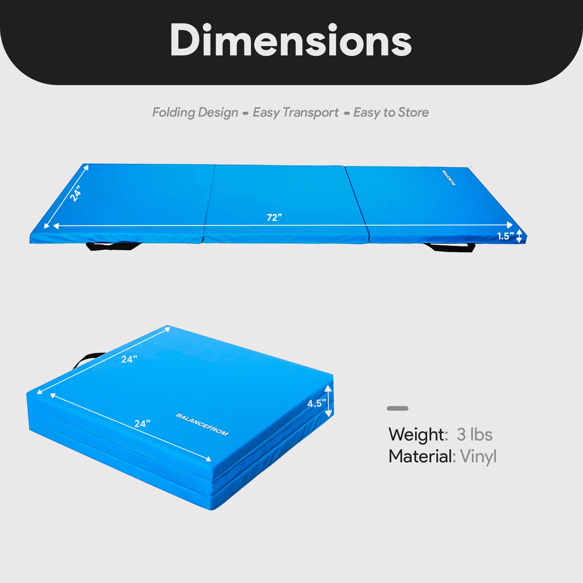 BalanceFrom GoGym 6' x 2' x 1.5" Folding 3 Panel Exercise Gym Mat, Blue (Used) - VMInnovations