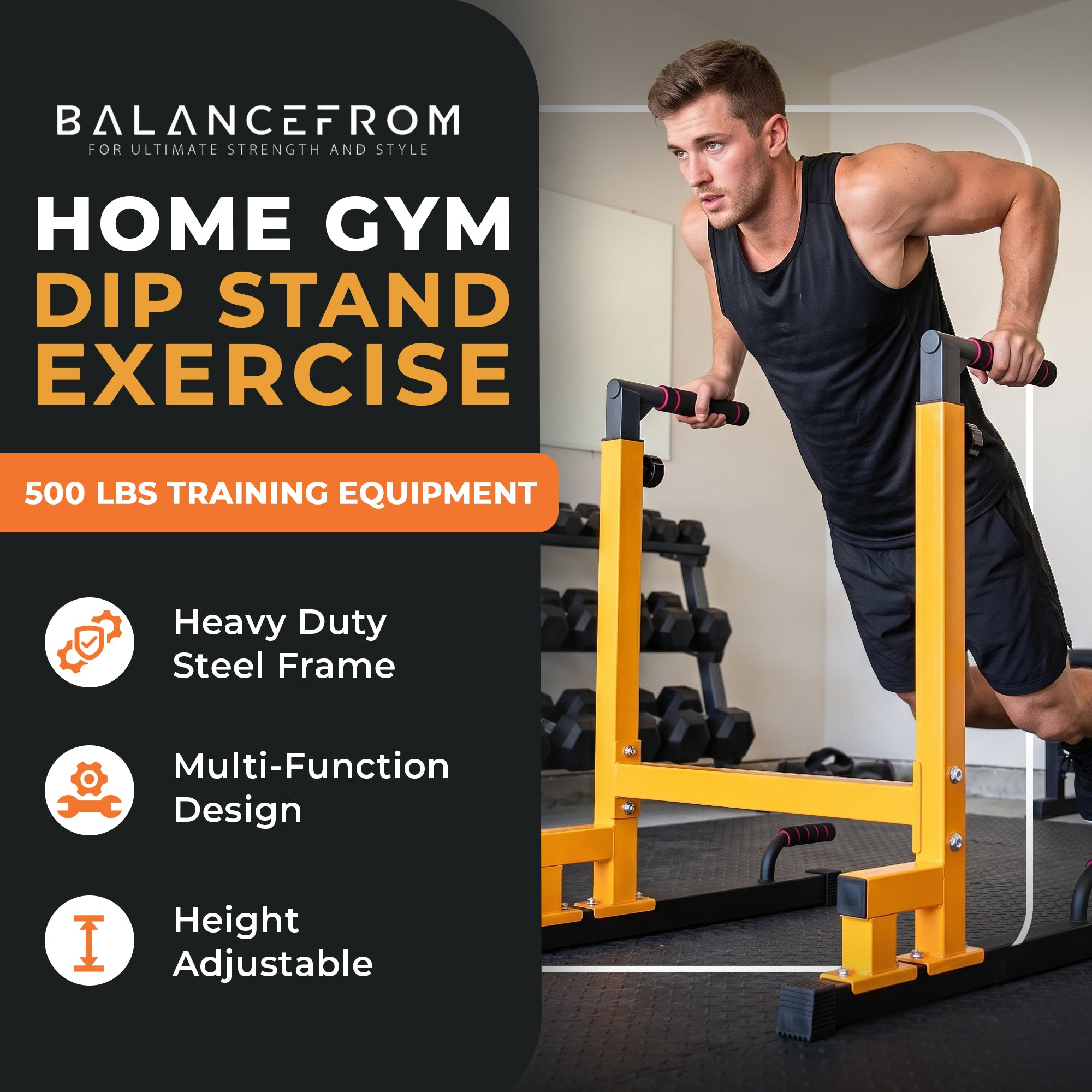 BalanceFrom Multi-Function Home Gym Exercise Dip Stand, 500lb Capacity, Yellow