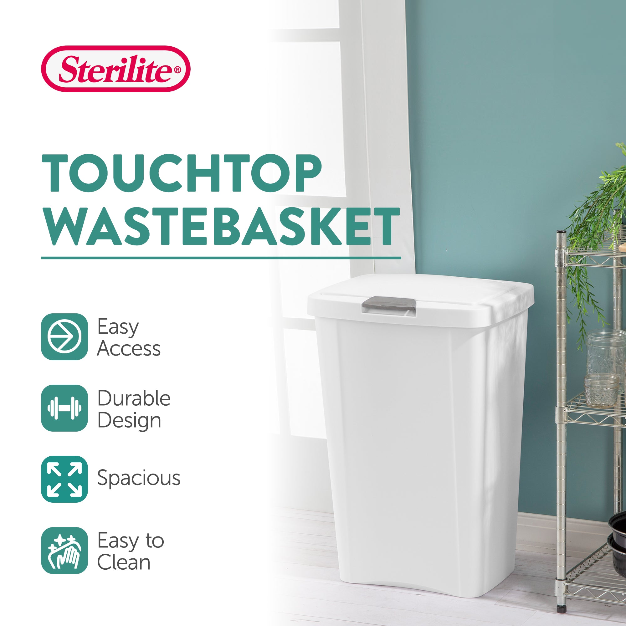 Sterilite 13 Gallon TouchTop Wastebasket with Titanium Latch, White (12 Pack)