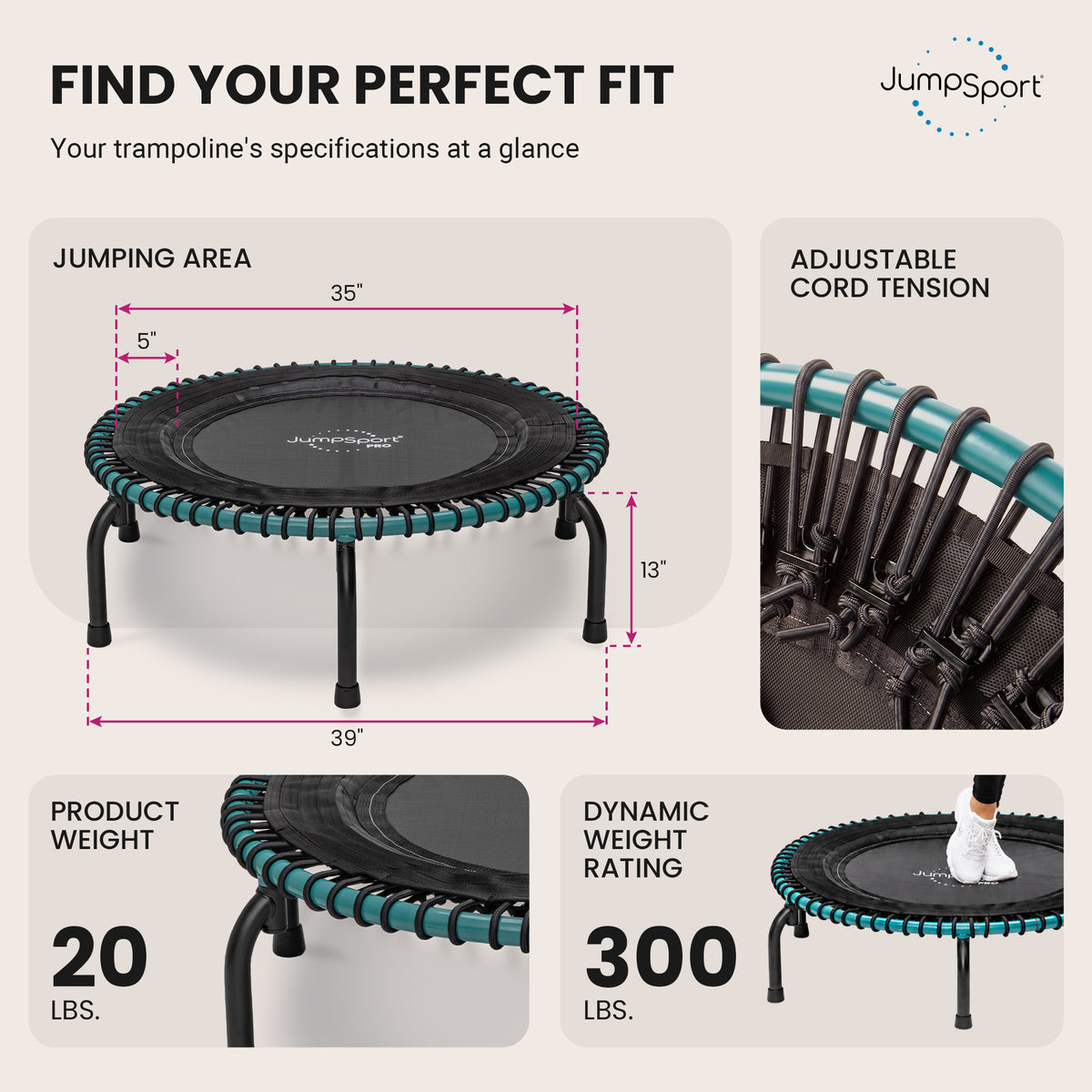 JumpSport 350 Pro Fitness 39" Cardio Workout Indoor Trampoline, Teal/Black(Used)
