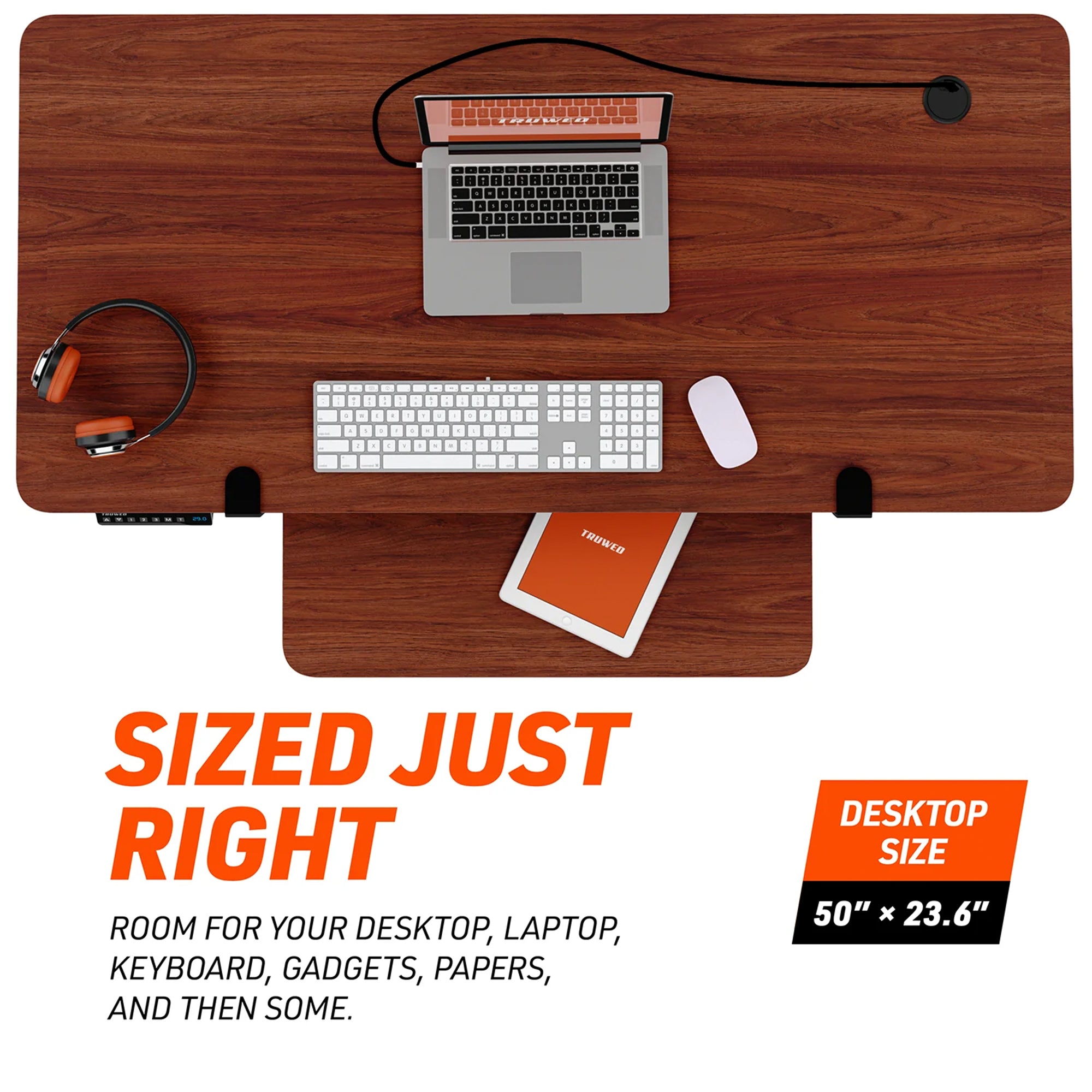 Truweo Adjustable Electric Standing Desk Tabletop w/Sliding Keyboard Tray, Brown - VMInnovations