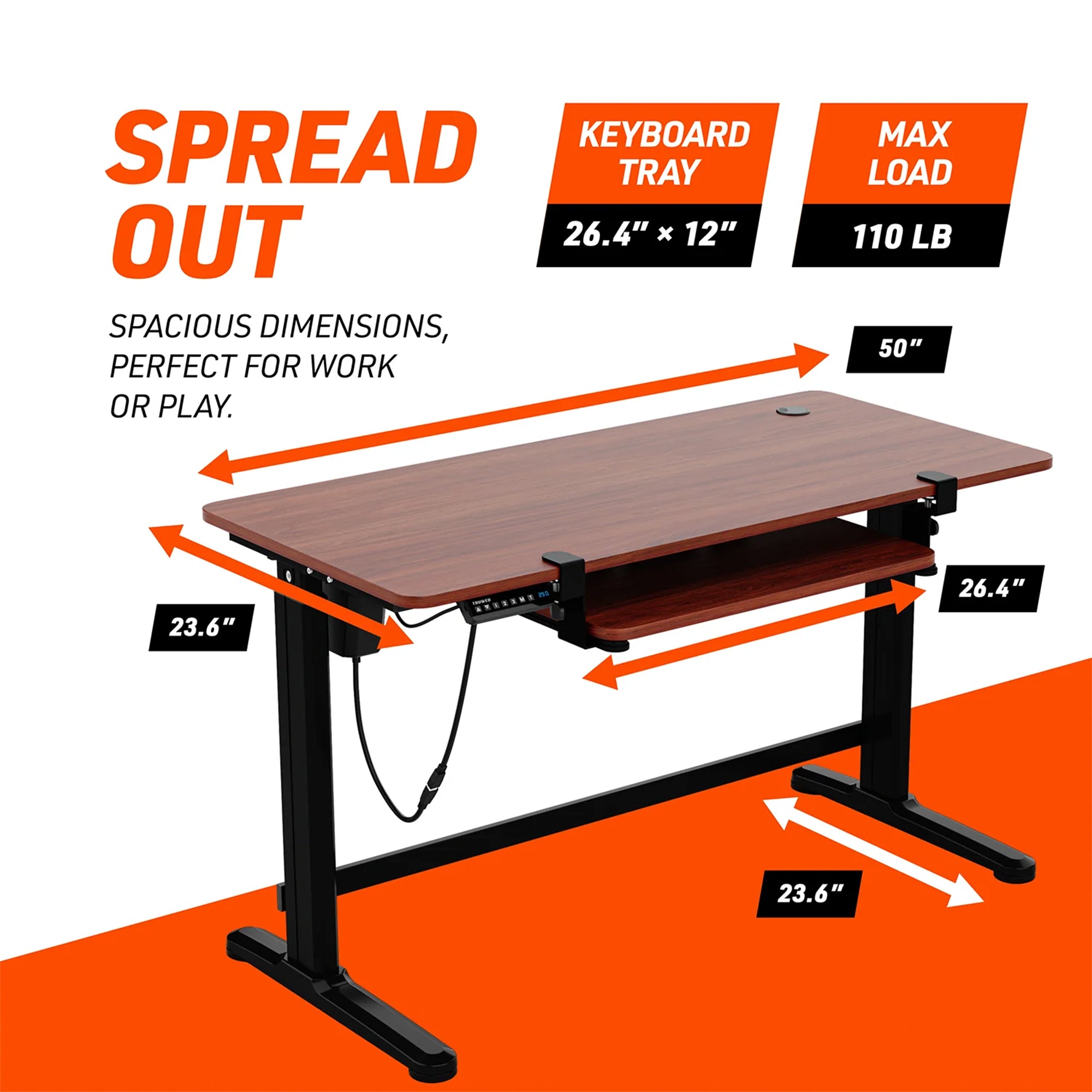 Truweo Adjustable Electric Standing Desk Tabletop w/Sliding Keyboard Tray, Brown - VMInnovations