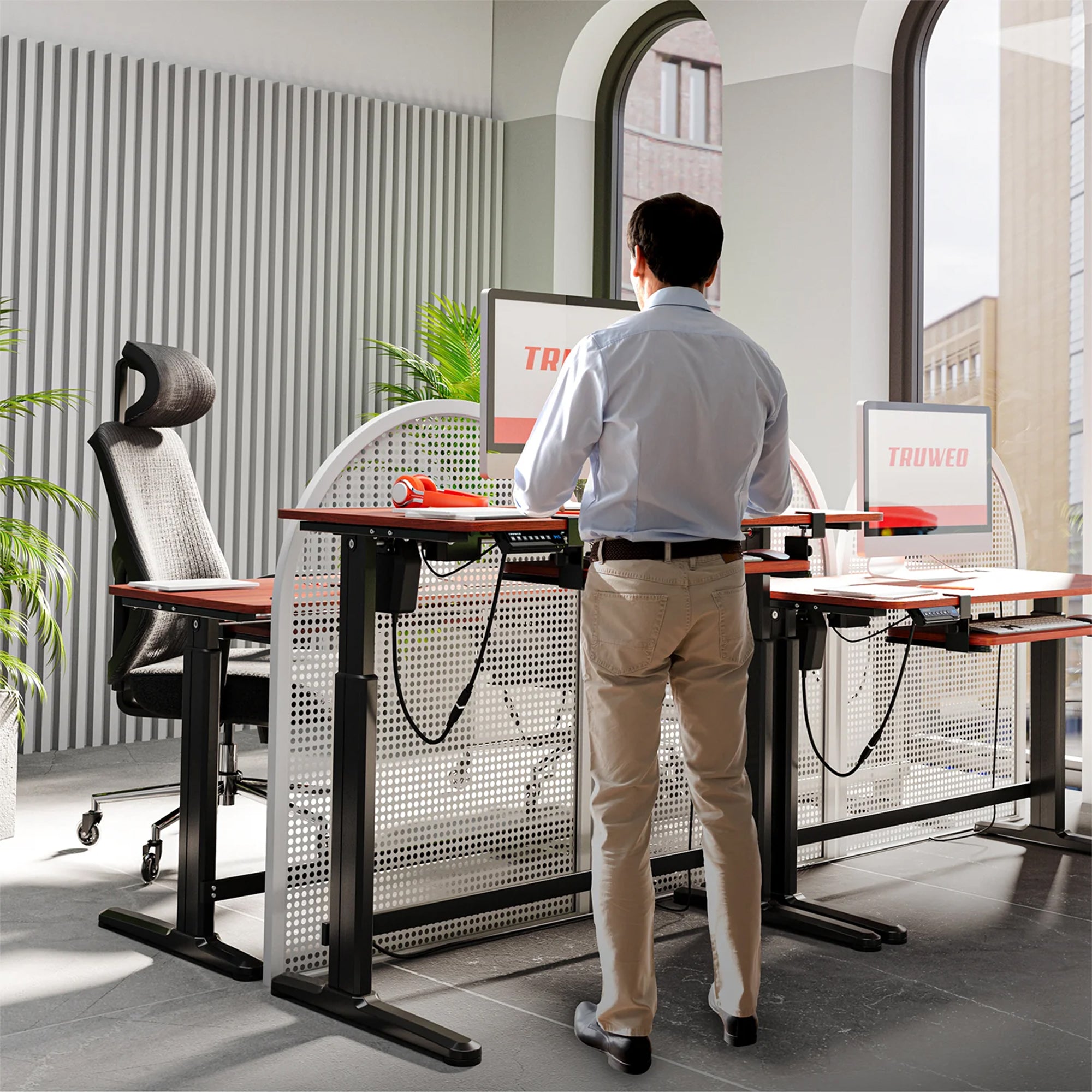 Truweo Adjustable Electric Standing Desk w/Sliding Keyboard Tray, Brown (Used) - VMInnovations