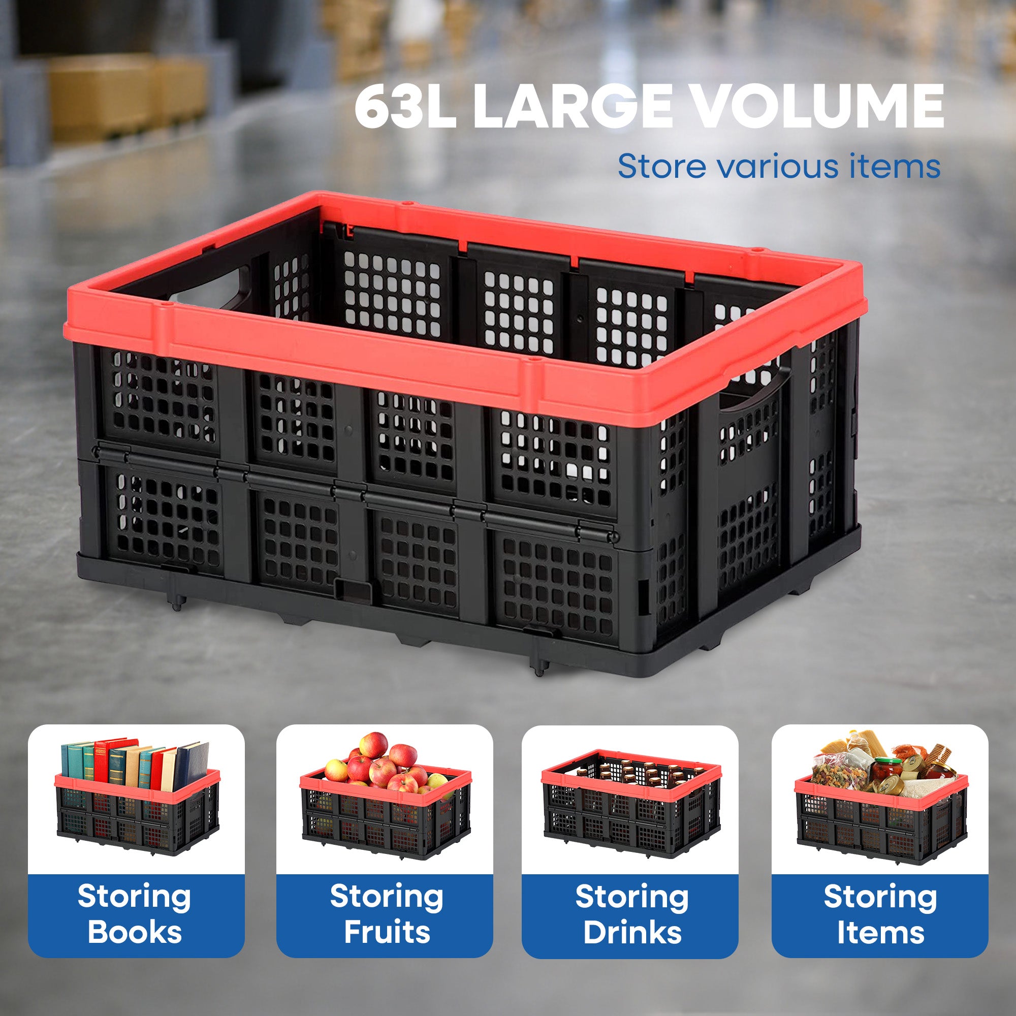 Magna Cart 63L (16.6 Gal) Collapsible Milk Crate, Stackable Plastic Storage Bin, Lightweight, Heavy Duty Crate Holds 55lbs - VMInnovations