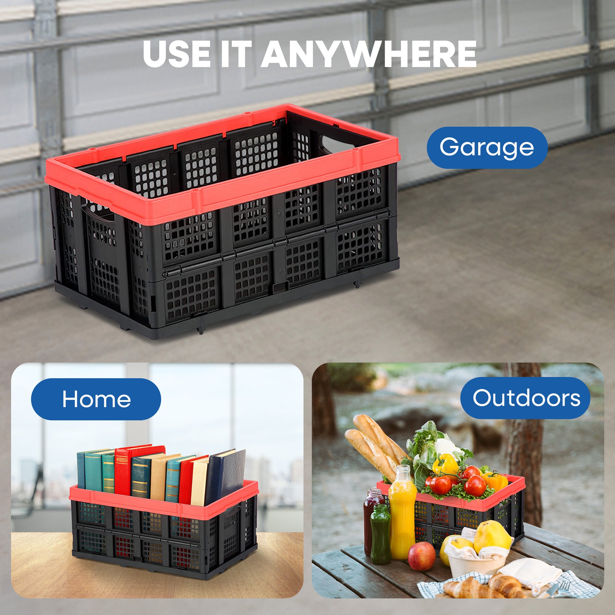 Magna Cart 63L (16.6 Gal) Collapsible Milk Crate, Stackable Plastic Storage Bin, Lightweight, Heavy Duty Crate Holds 55lbs - VMInnovations